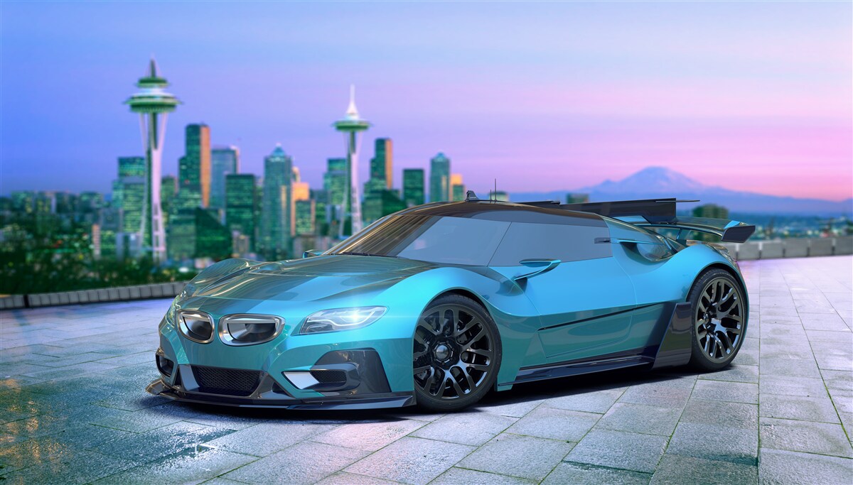 Papier peint voiture de sport bleue contre l'horizon de la ville