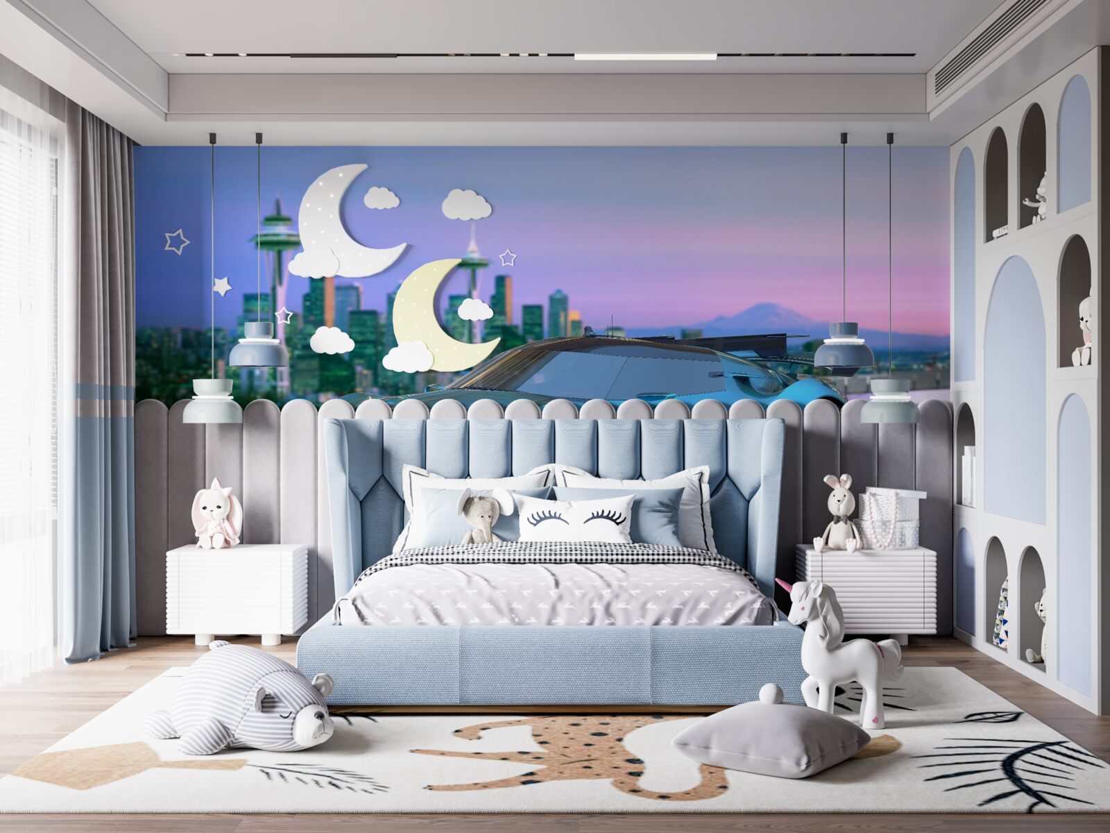 Papier peint voiture de sport bleue contre l'horizon de la ville