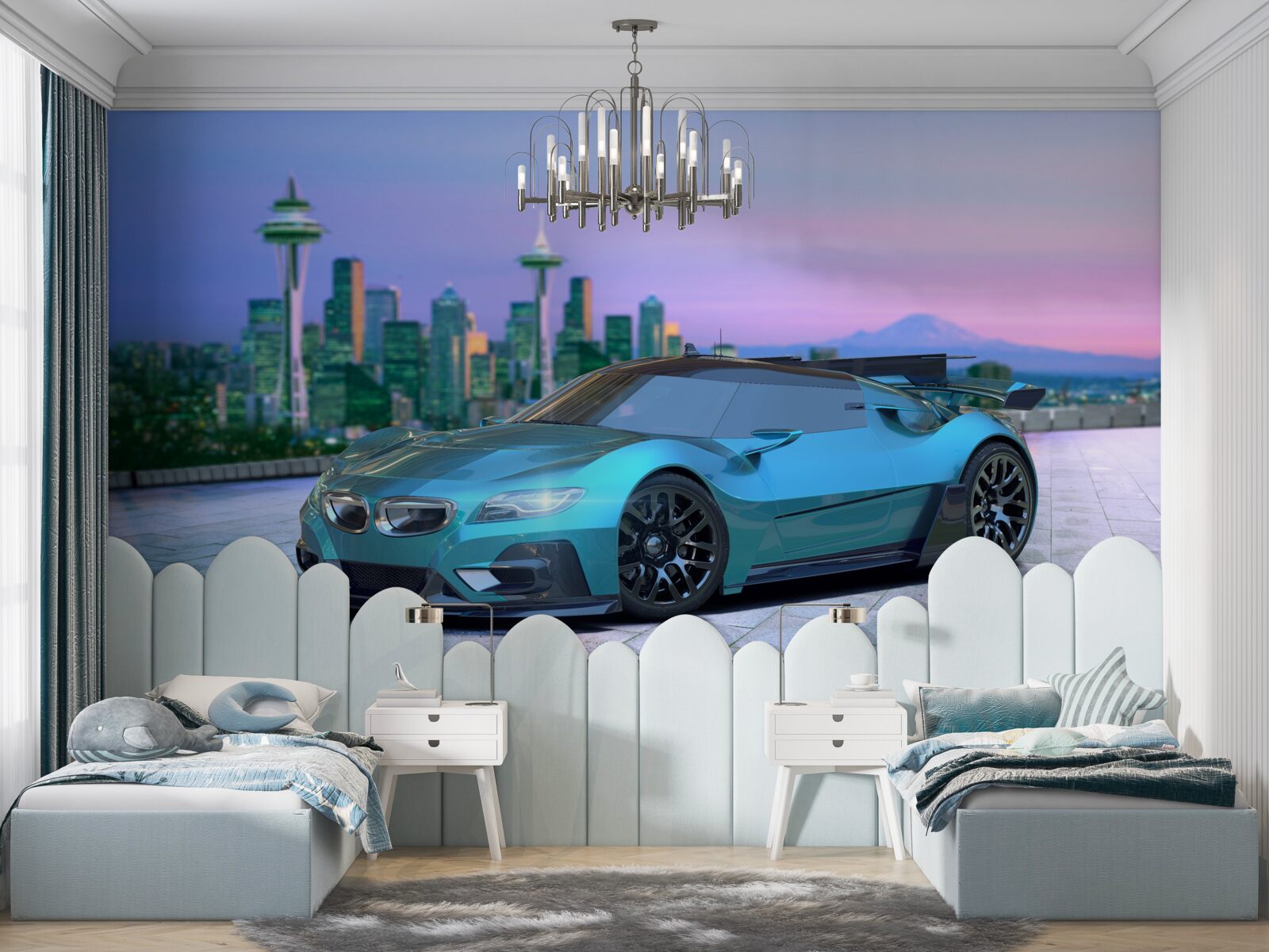 Papier peint voiture de sport bleue contre l'horizon de la ville