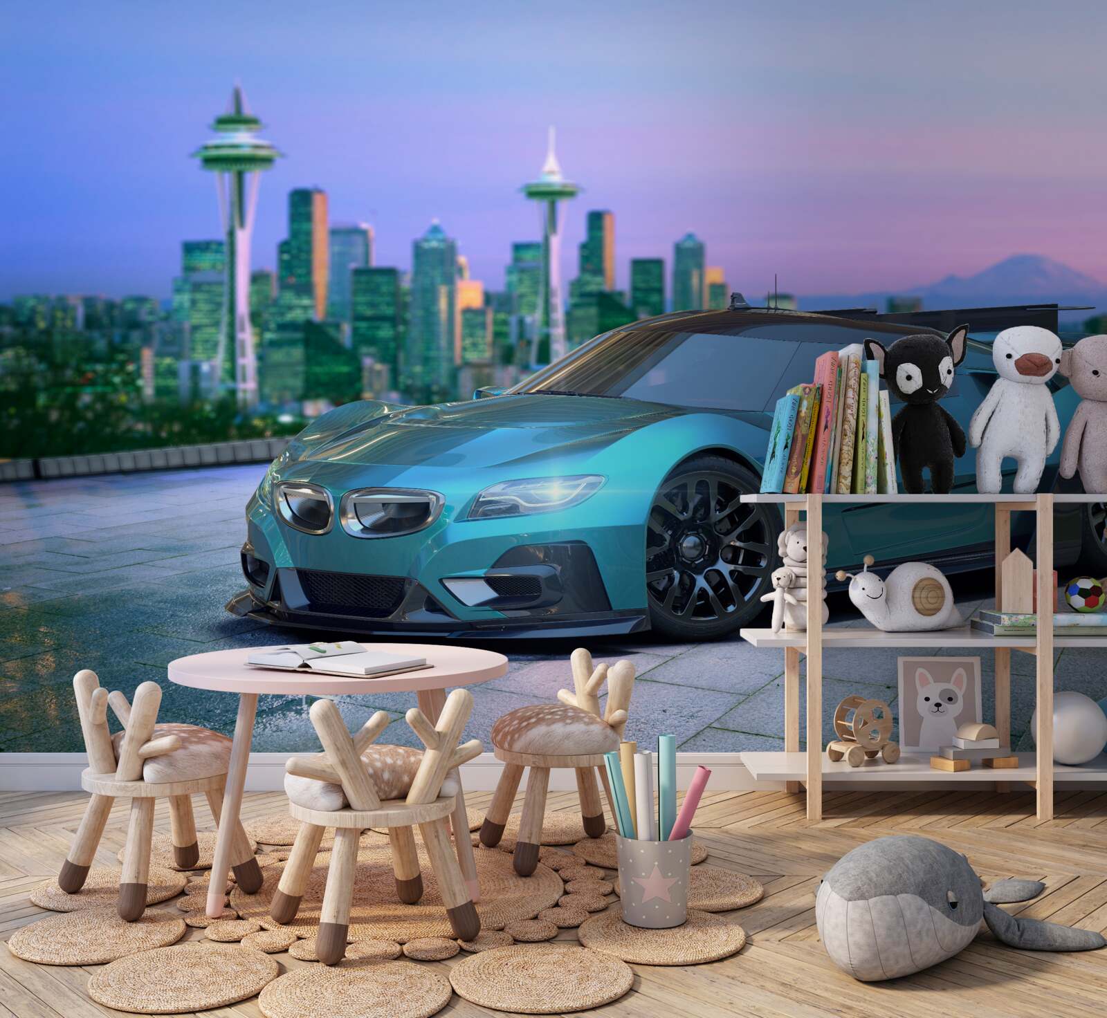 Papier peint voiture de sport bleue contre l'horizon de la ville