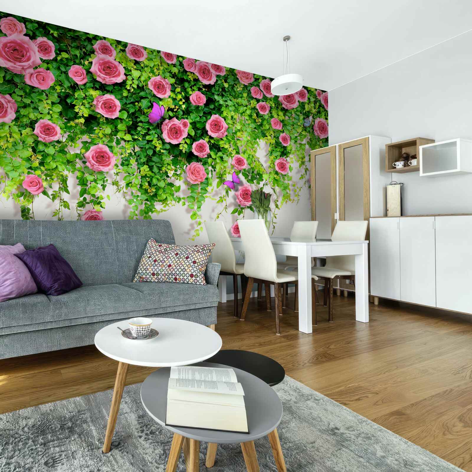 Papier peint roses arbustives d'un rose intense