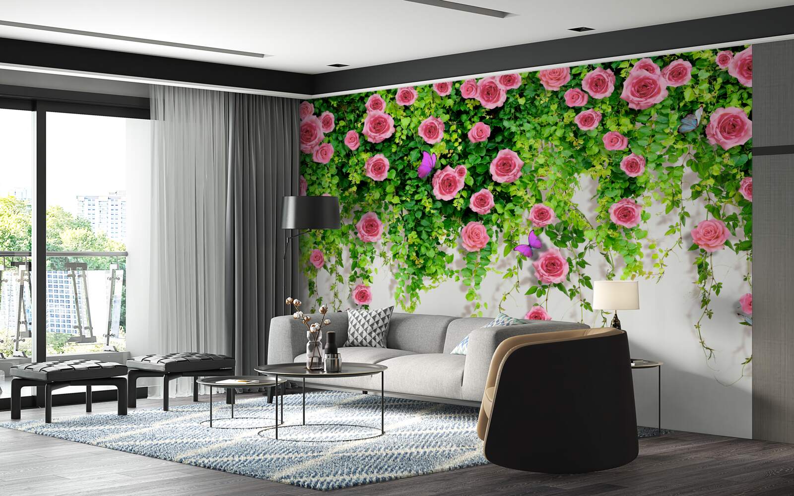 Papier peint roses arbustives d'un rose intense