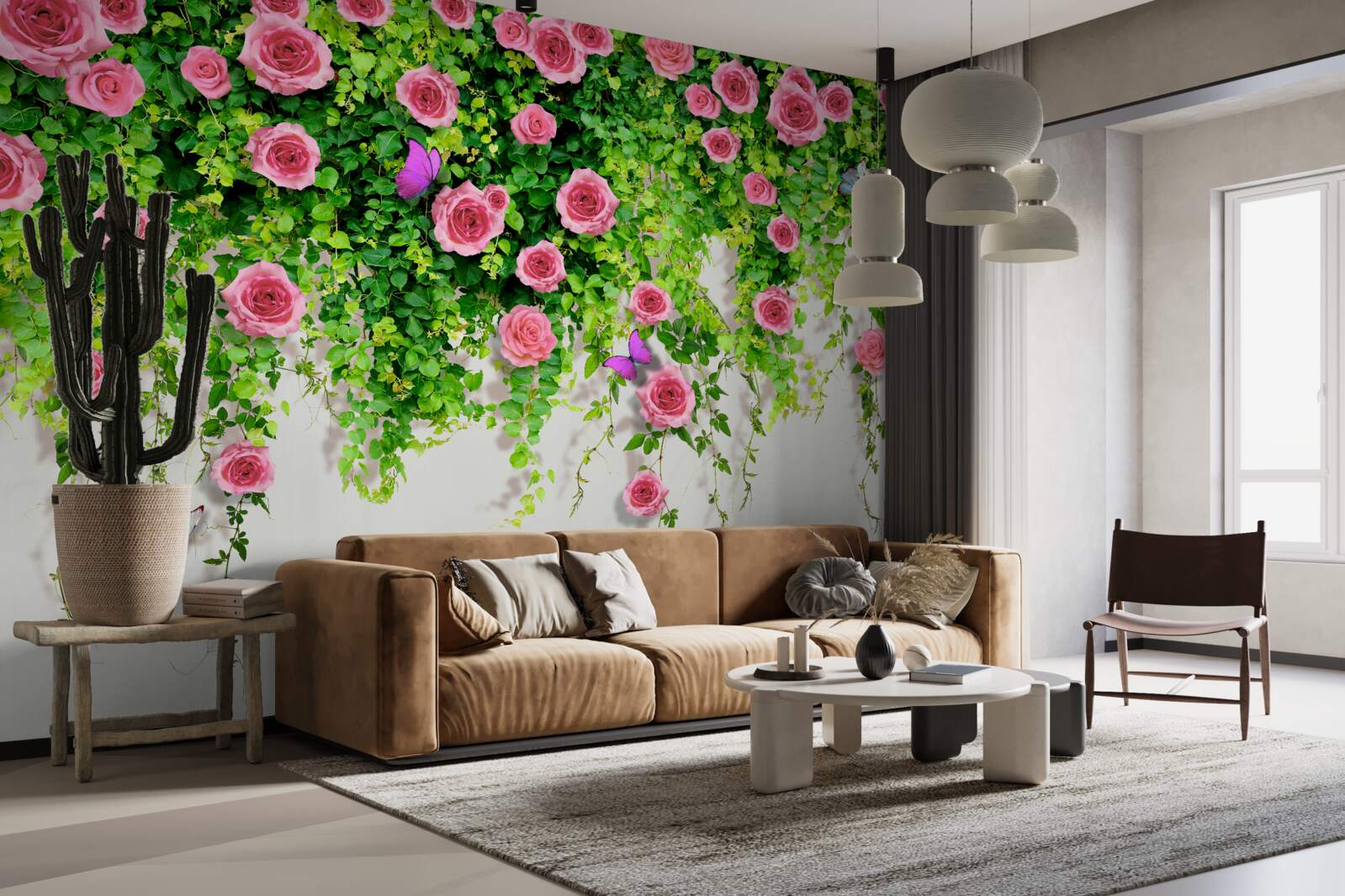 Papier peint roses arbustives d'un rose intense