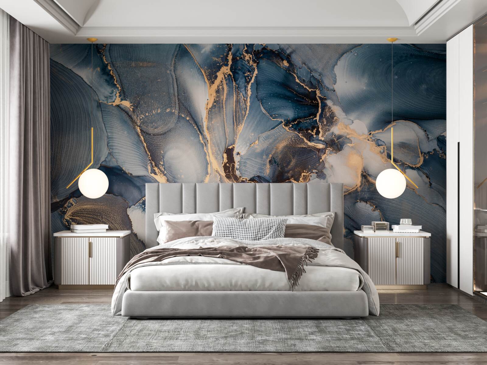 Papier peint marbre dans de riches nuances de bleu et d'or