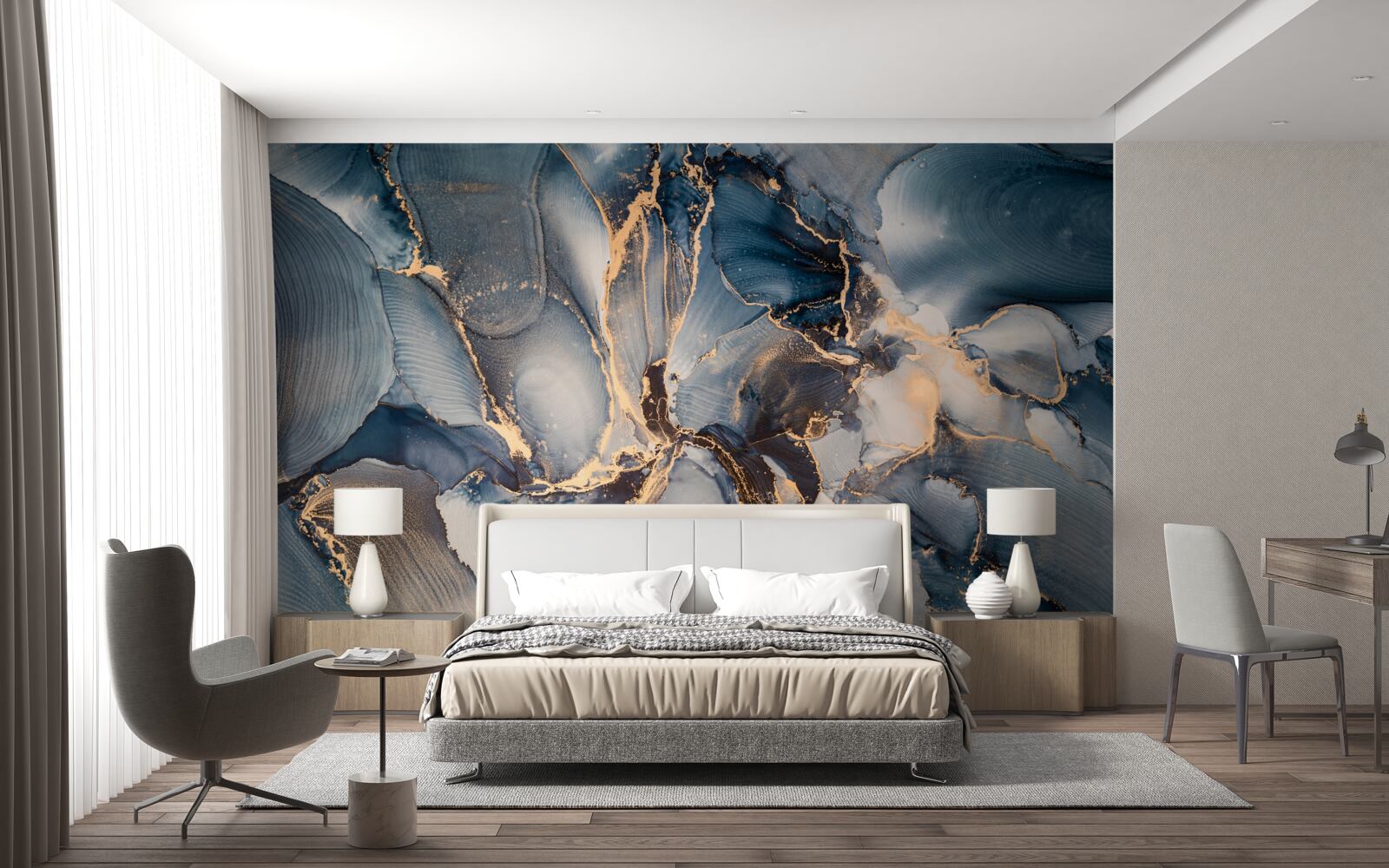 Papier peint marbre dans de riches nuances de bleu et d'or