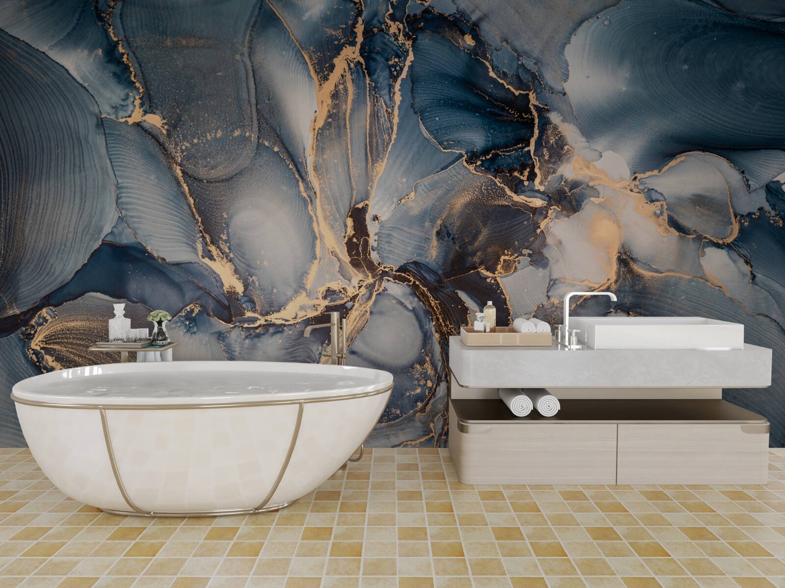 Papier peint marbre dans de riches nuances de bleu et d'or