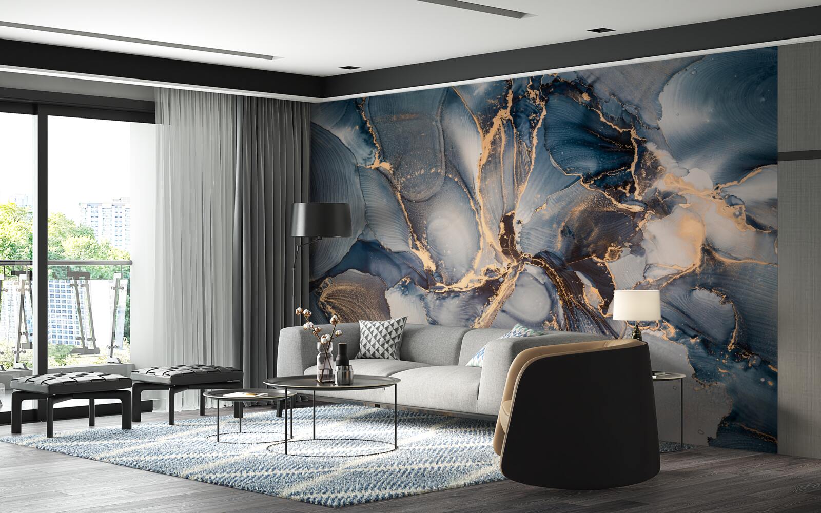 Papier peint marbre dans de riches nuances de bleu et d'or