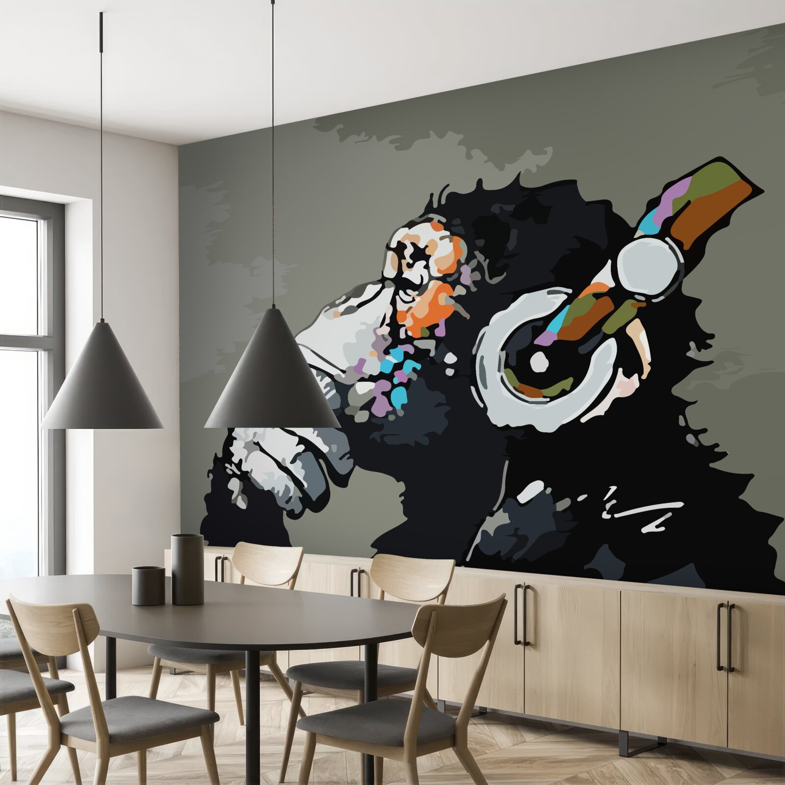 Papier peint macaque avec écouteurs