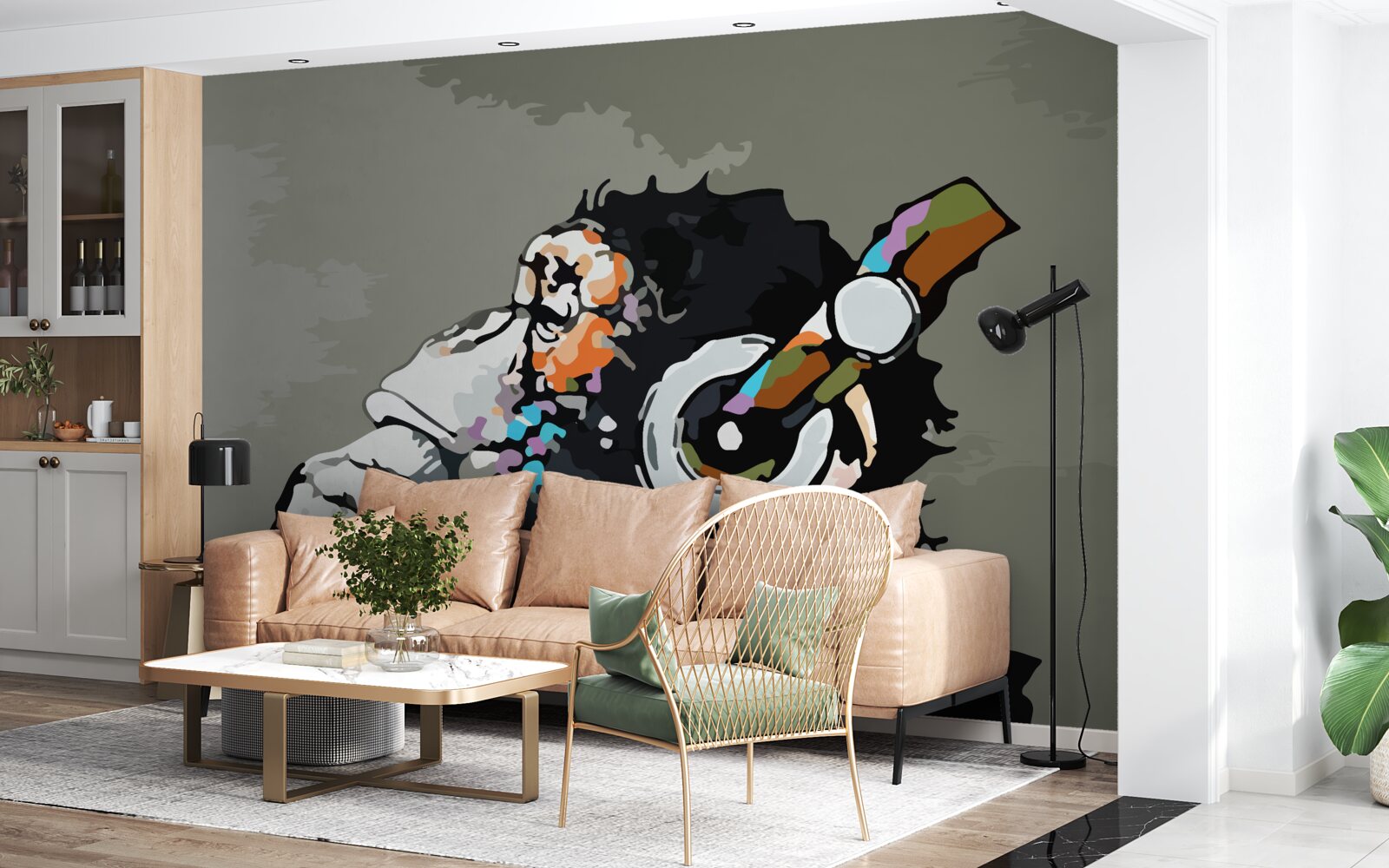 Papier peint macaque avec écouteurs