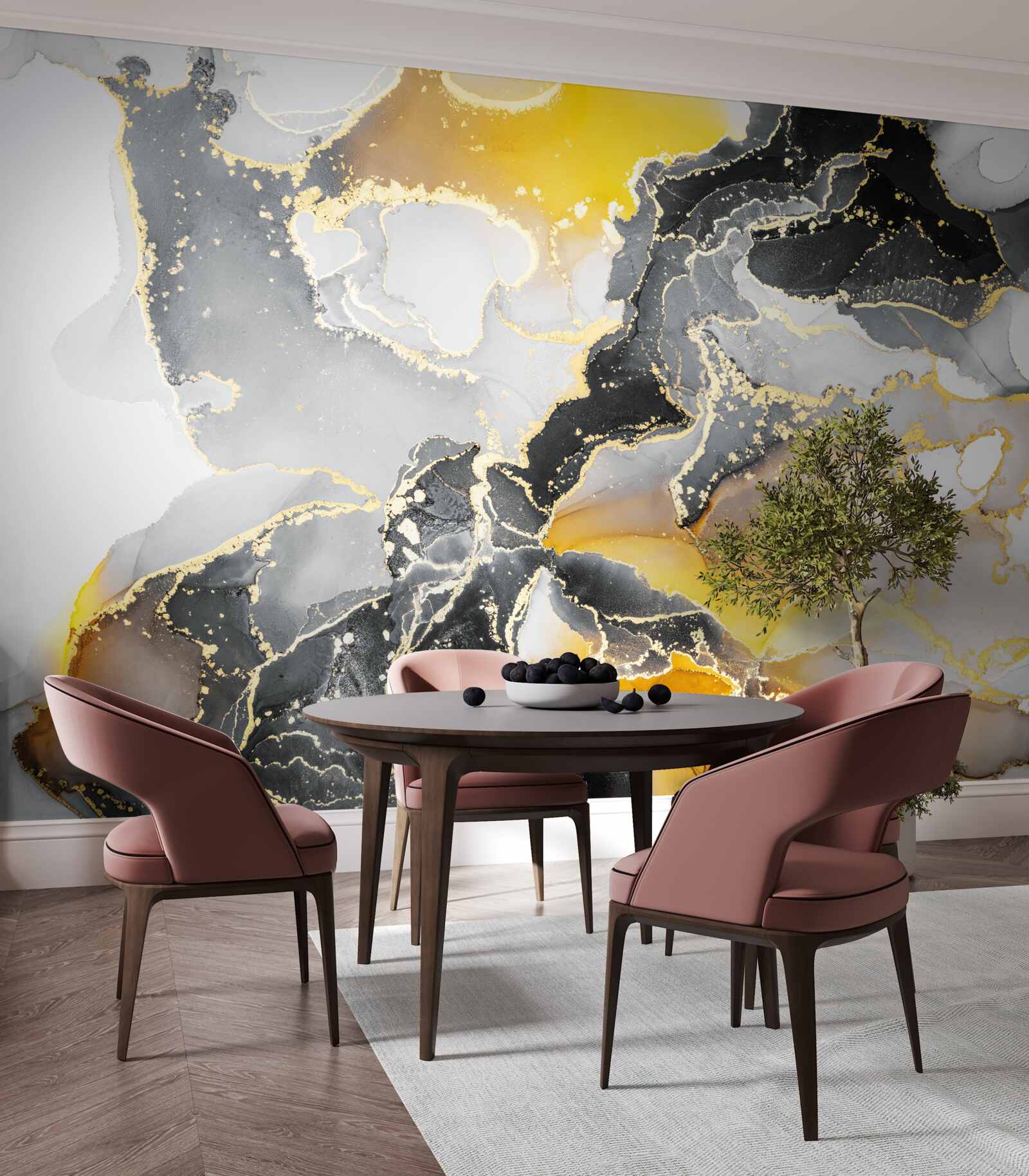 Papier peint motif foncé et doré sur marbre gris