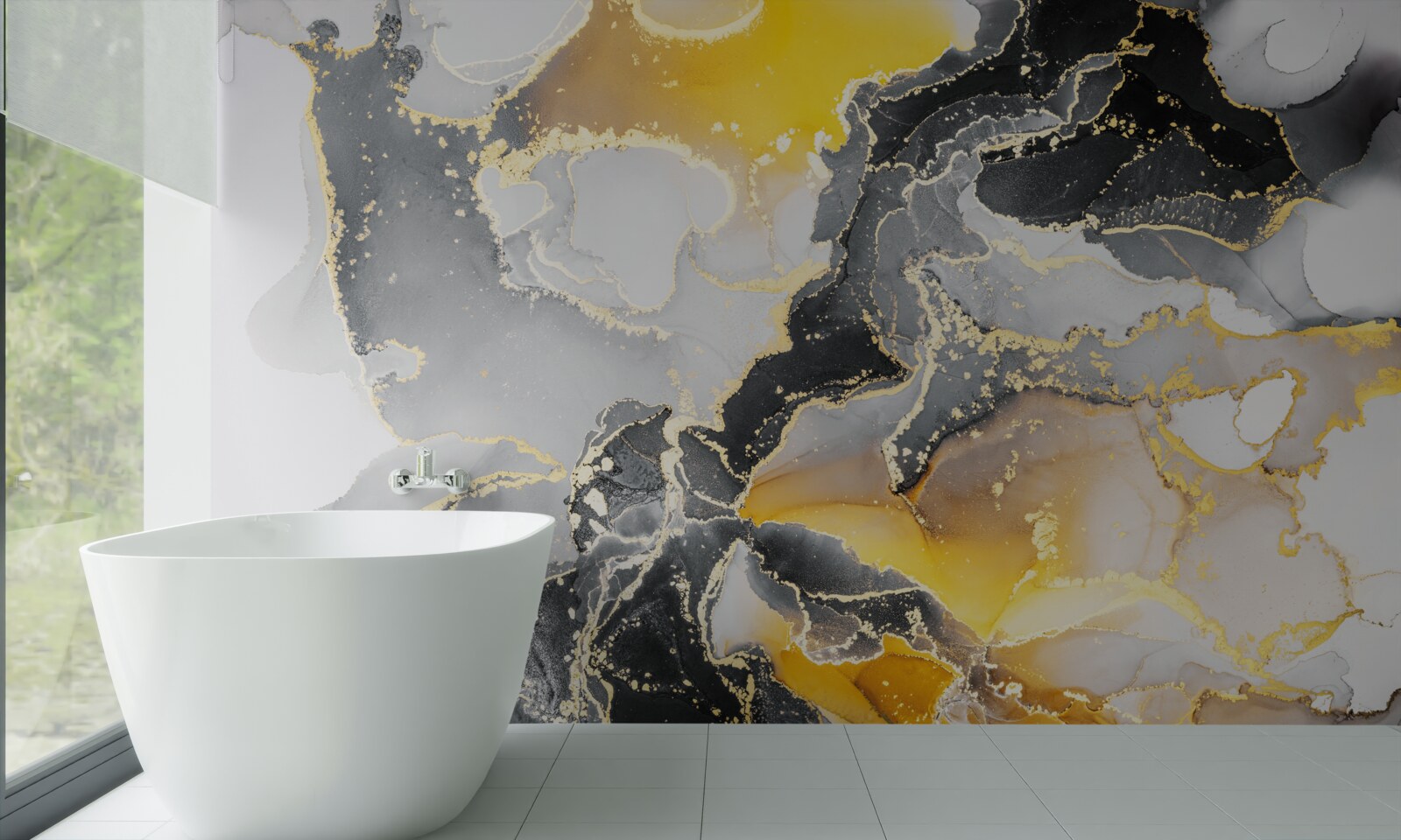 Papier peint motif foncé et doré sur marbre gris