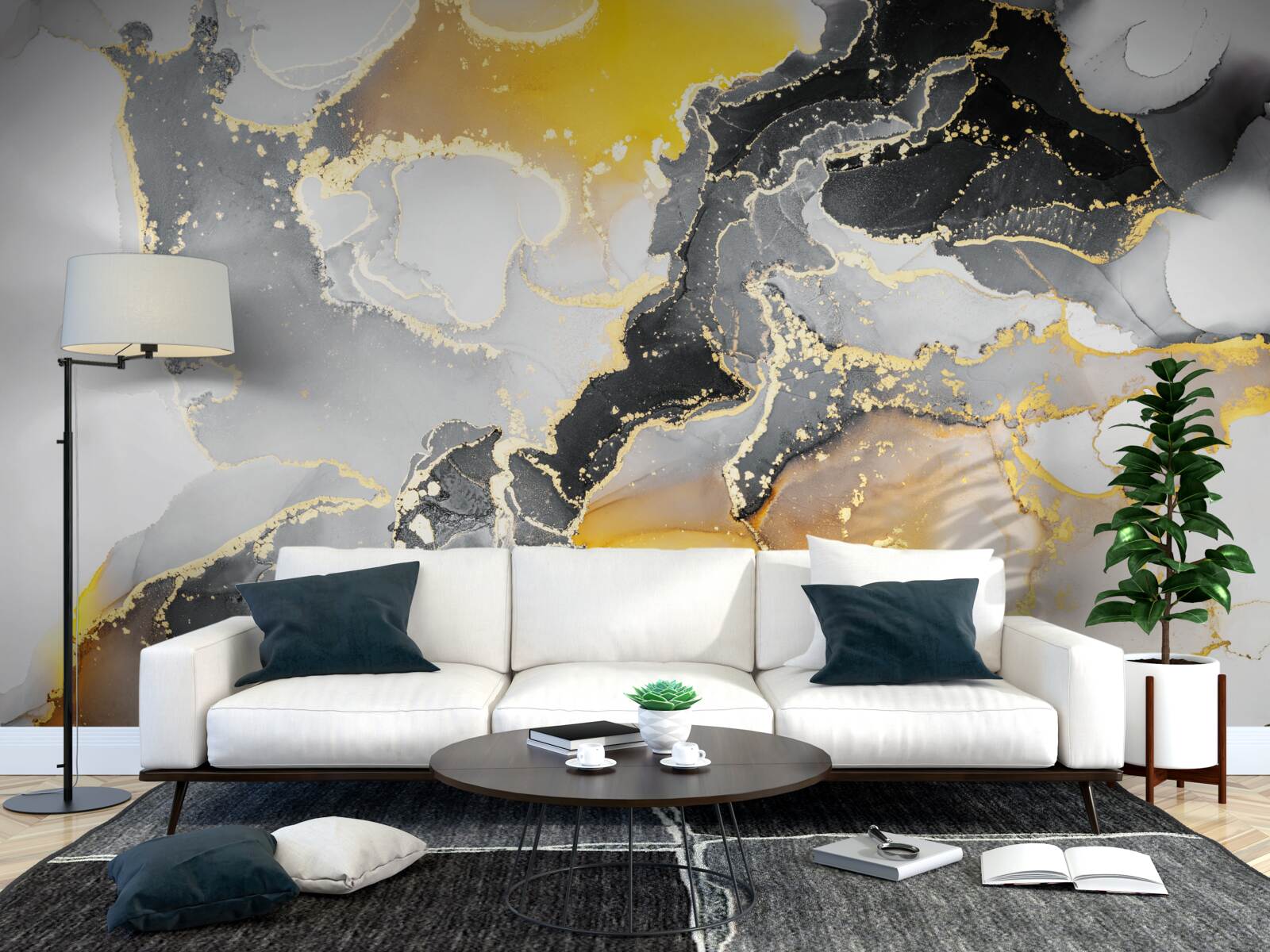 Papier peint motif foncé et doré sur marbre gris