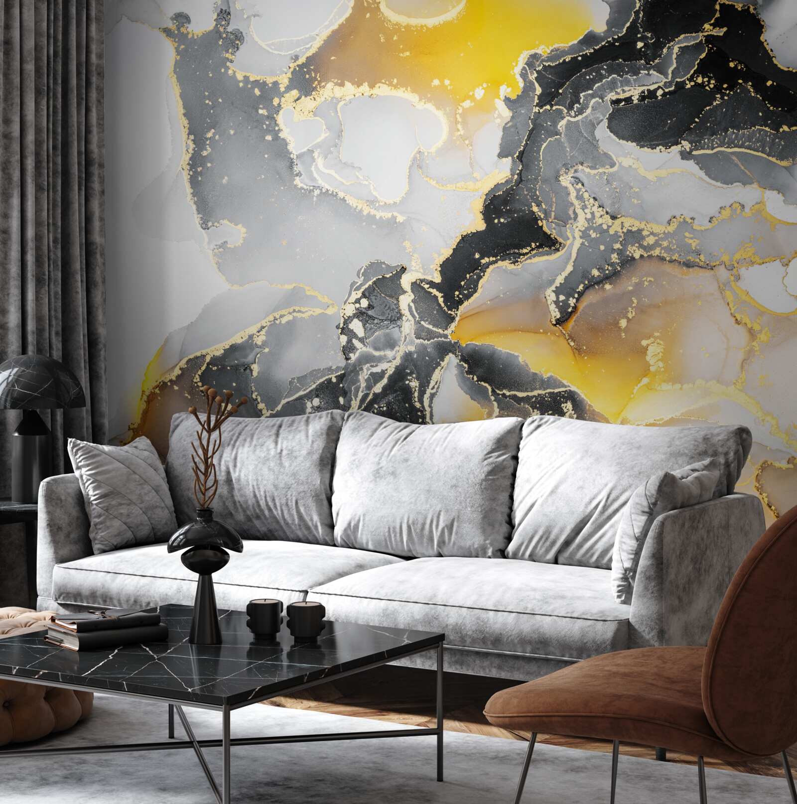 Papier peint motif foncé et doré sur marbre gris