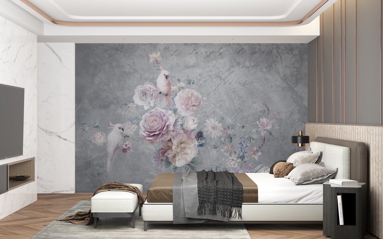 Papier peint bouquet complété par des compositions de perroquets