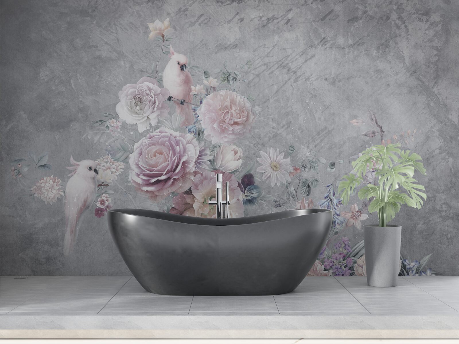 Papier peint bouquet complété par des compositions de perroquets