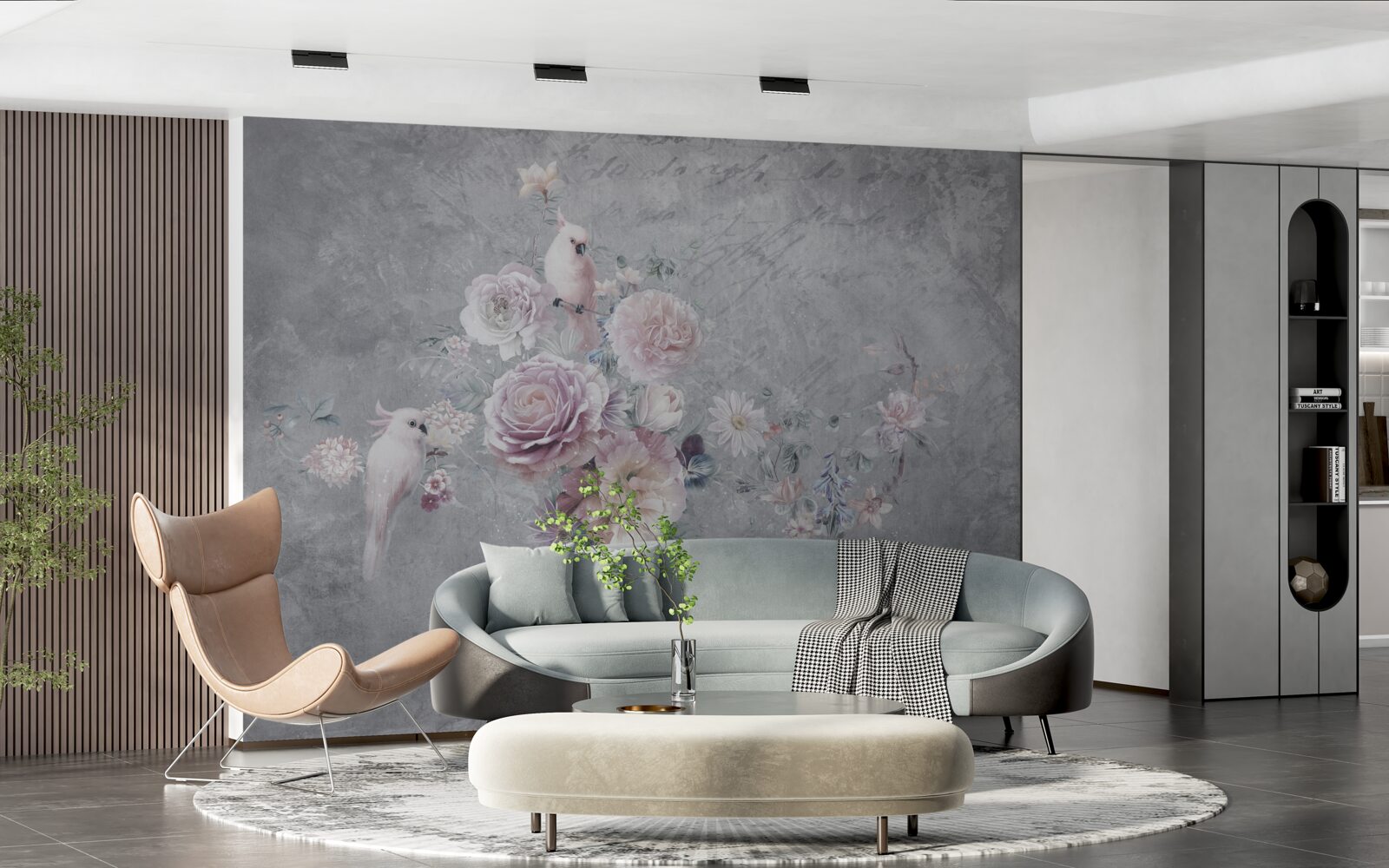 Papier peint bouquet complété par des compositions de perroquets