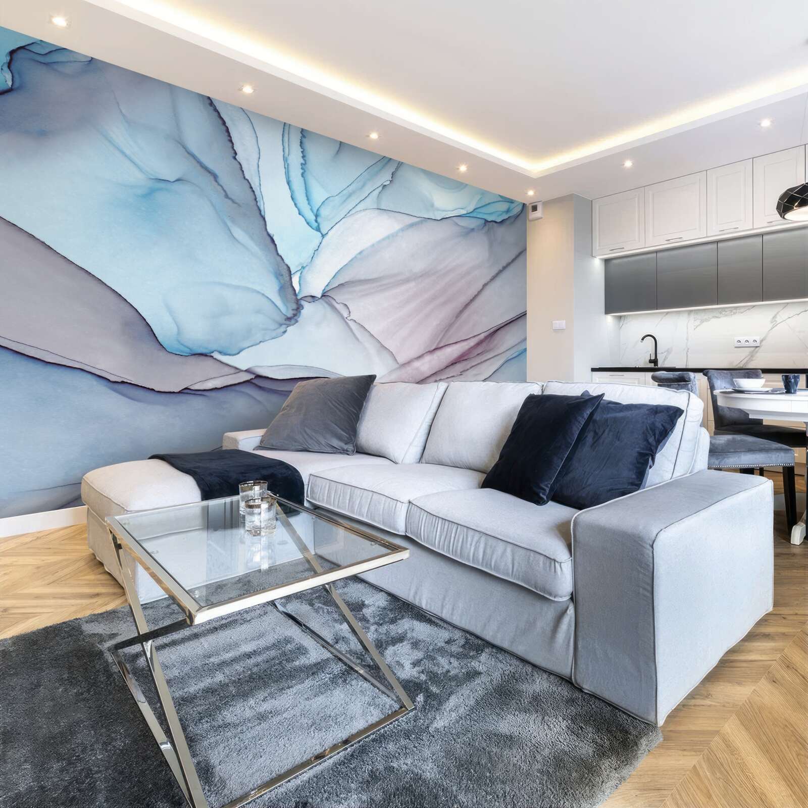 Papier peint marbre bleu clair veiné