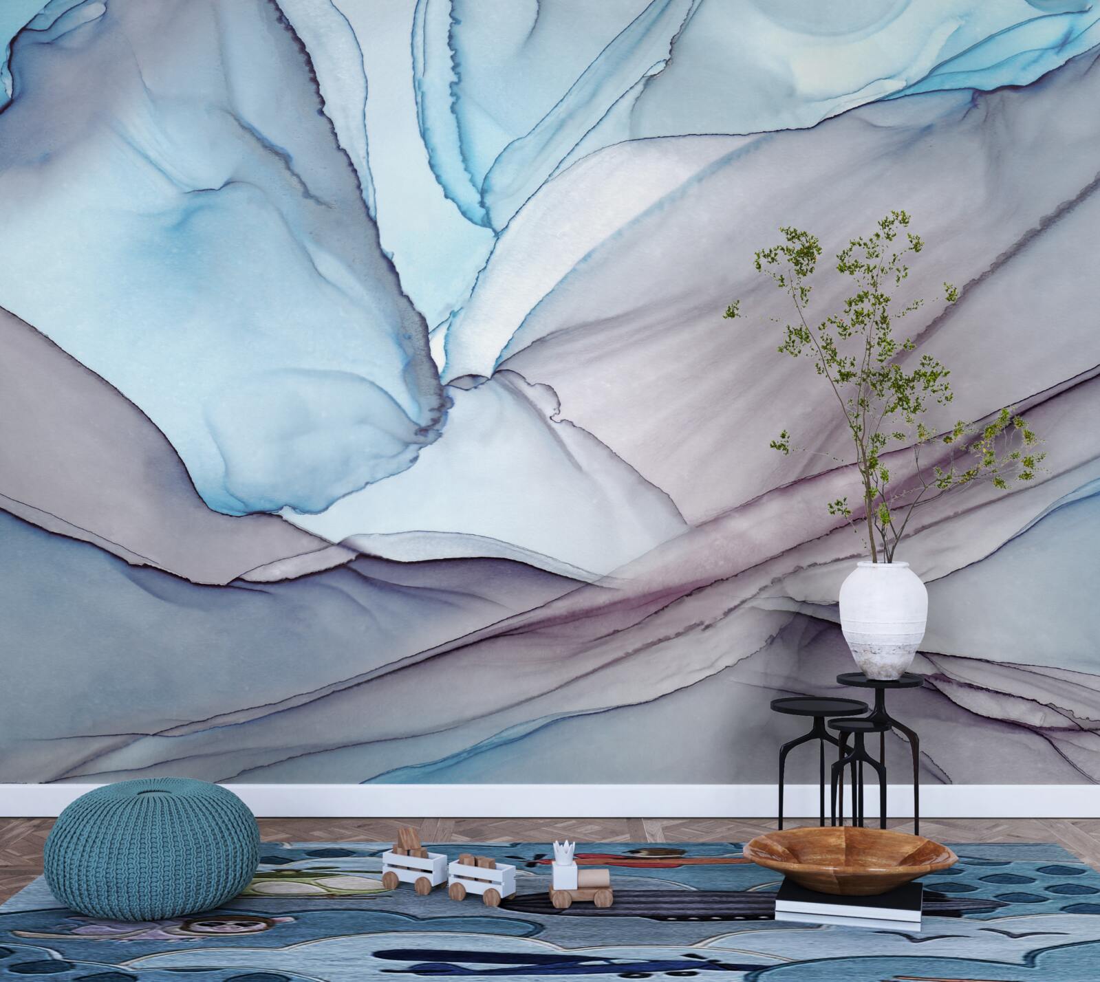 Papier peint marbre bleu clair veiné