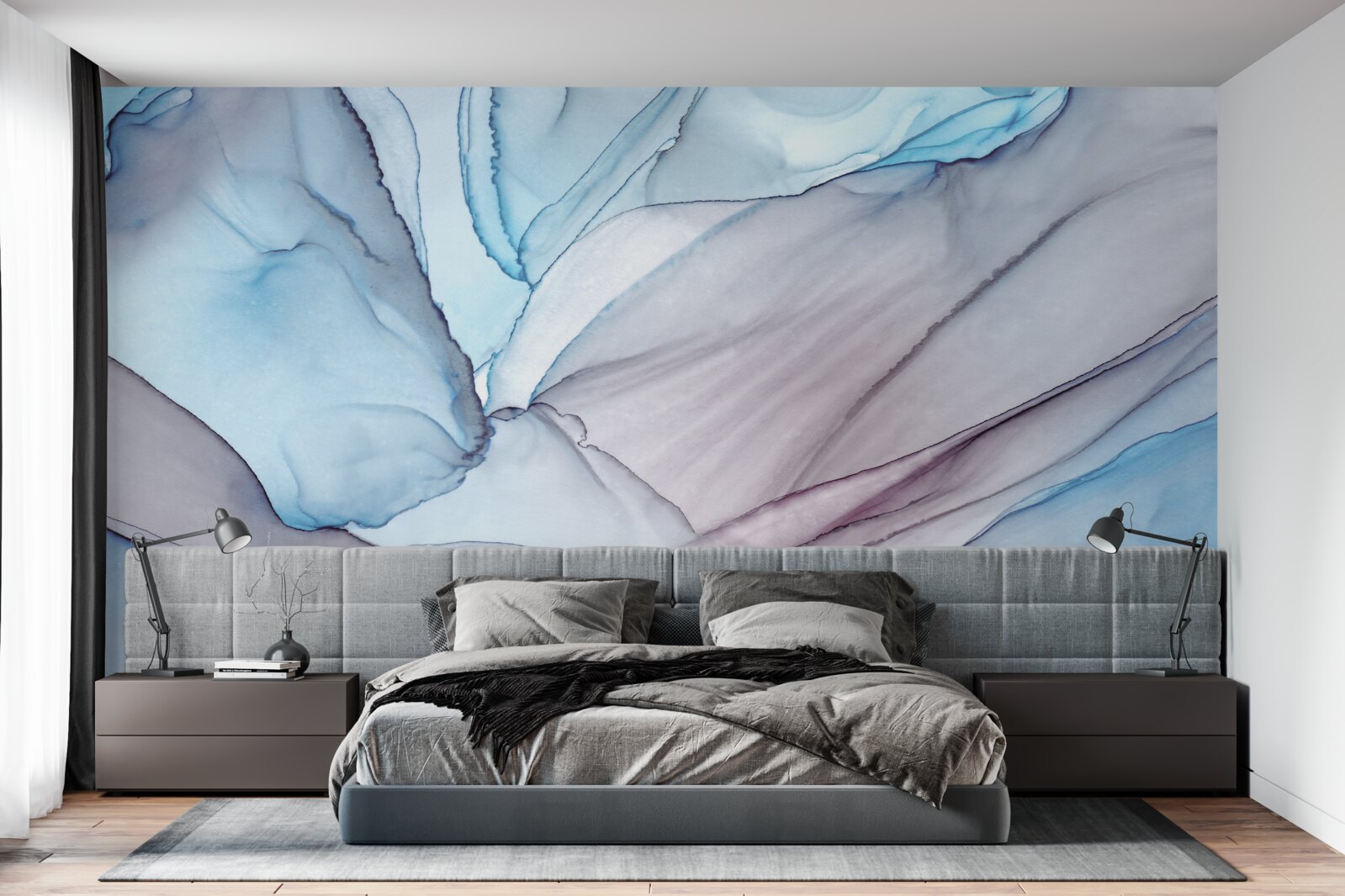 Papier peint marbre bleu clair veiné