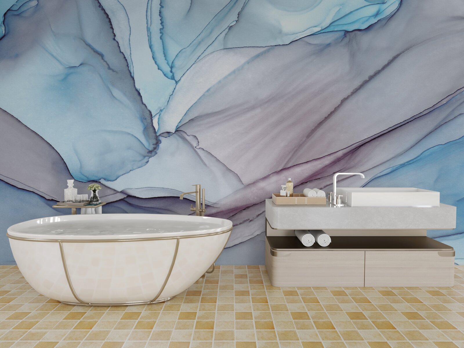 Papier peint marbre bleu clair veiné