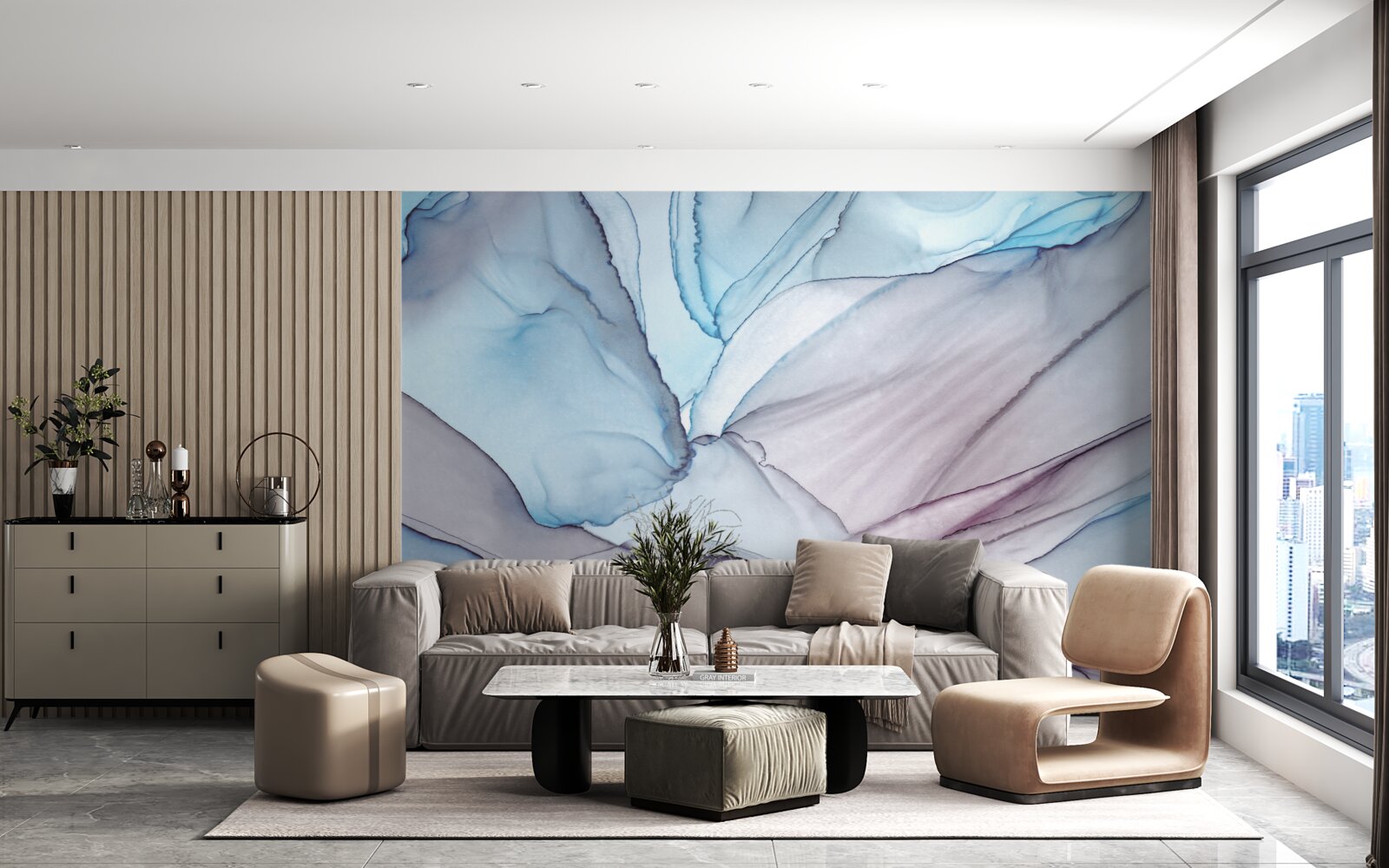 Papier peint marbre bleu clair veiné