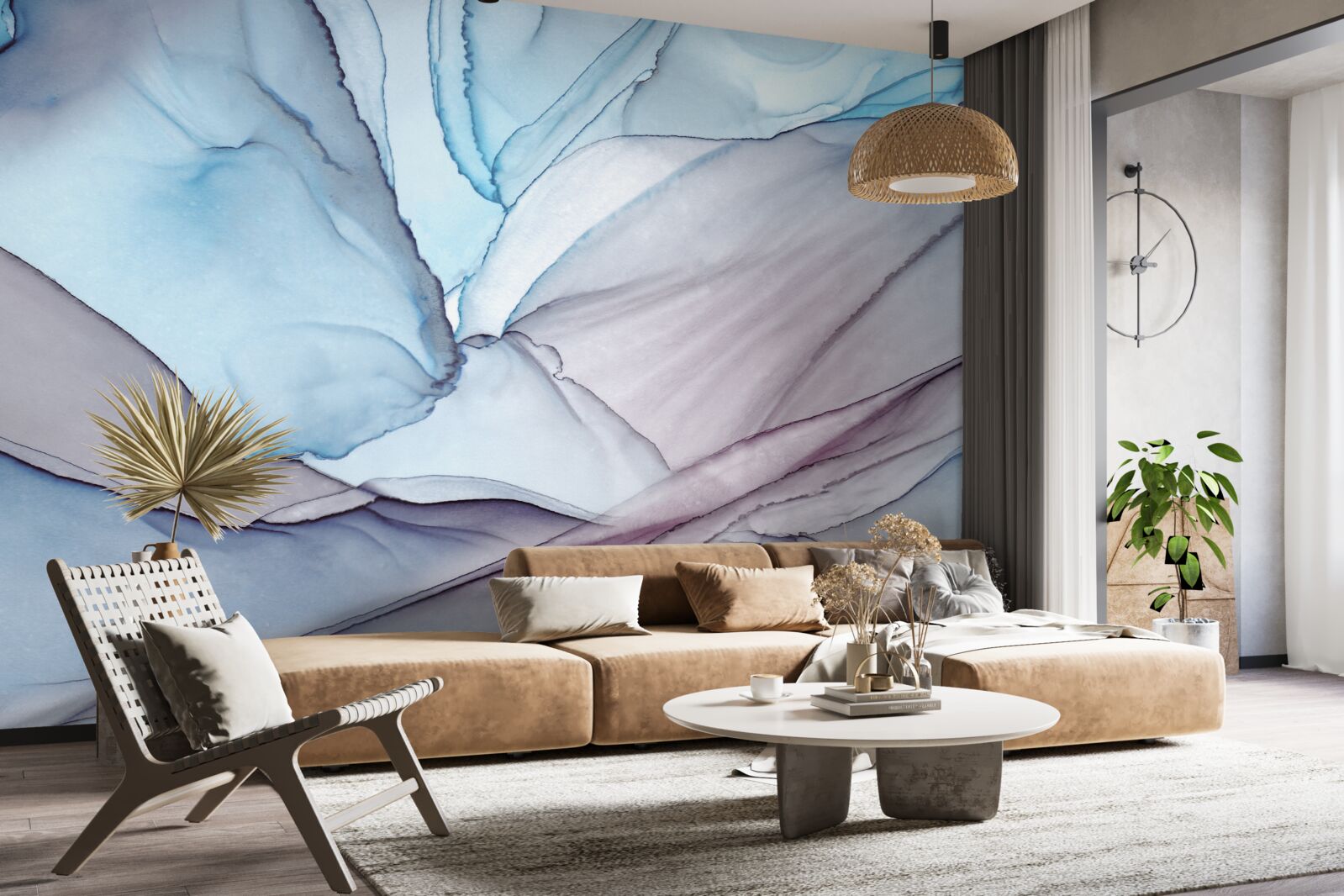 Papier peint marbre bleu clair veiné