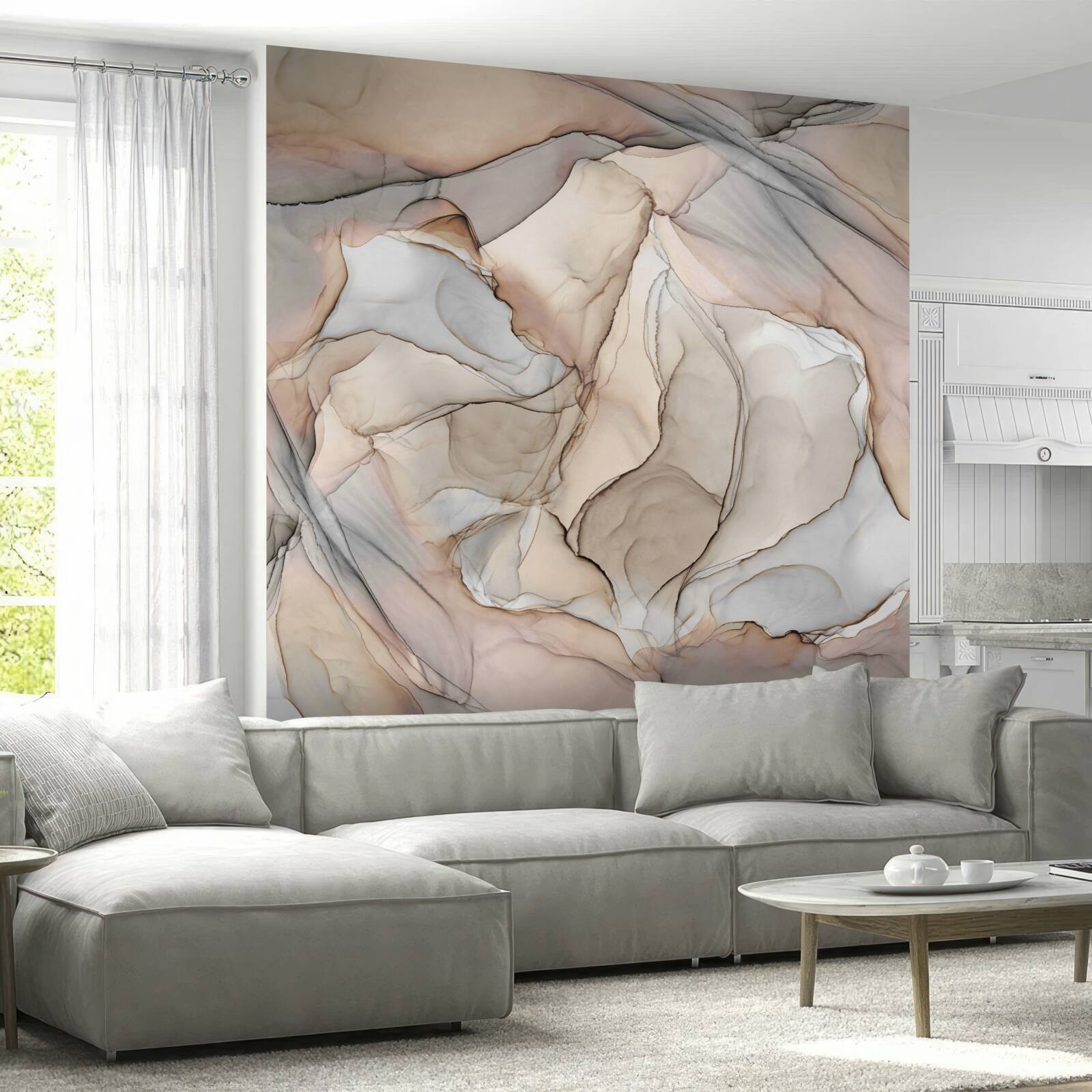 Papier peint motifs roses et bleus sur marbre crème