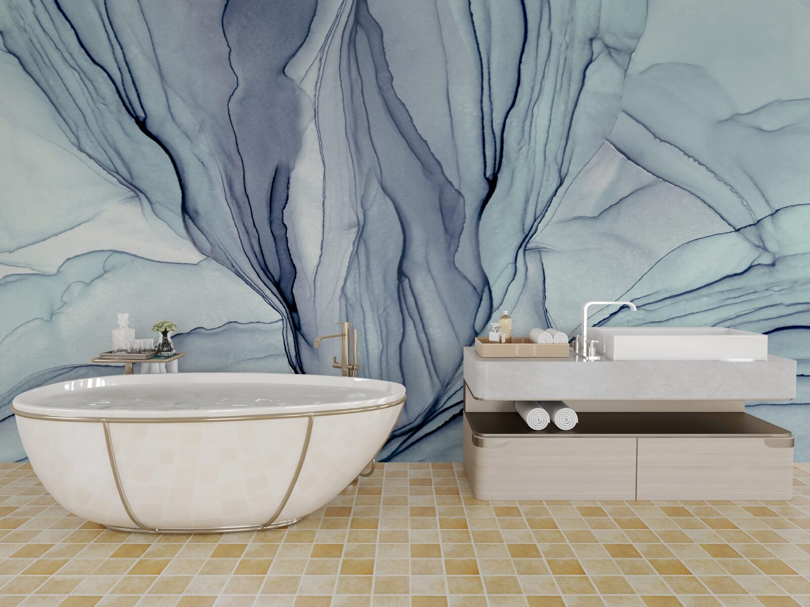 Papier peint motifs bleus sur marbre