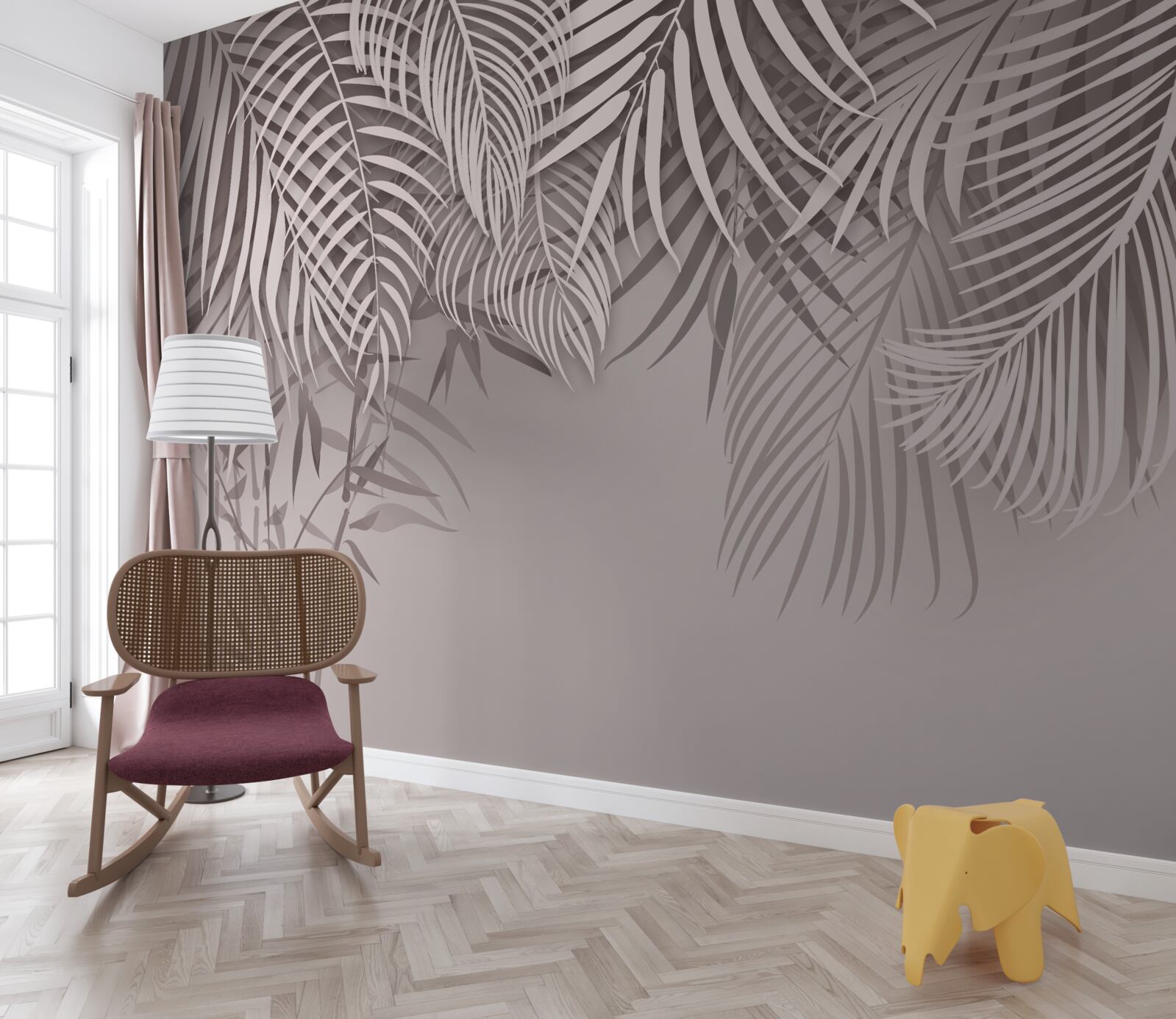 Papier peint feuilles de fougère claires et grises