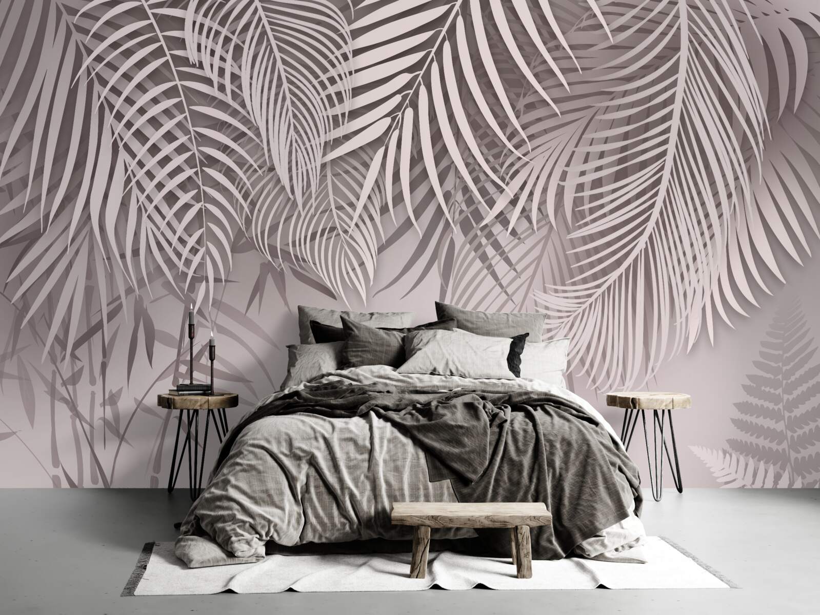 Papier peint feuilles de fougère claires et grises