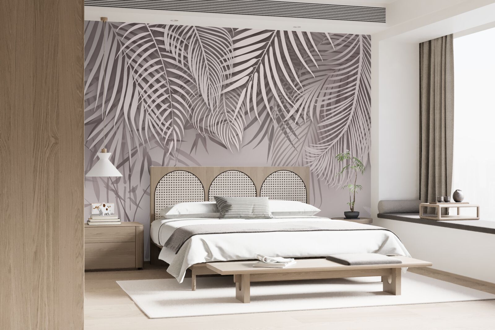 Papier peint feuilles de fougère claires et grises