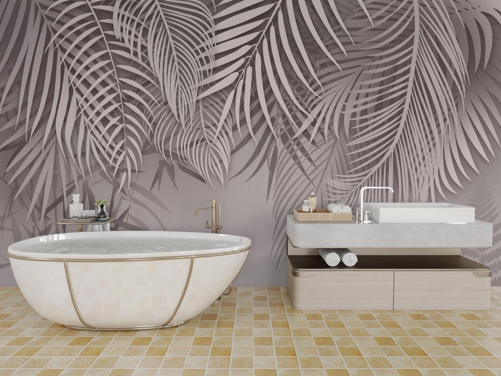 Papier peint feuilles de fougère claires et grises