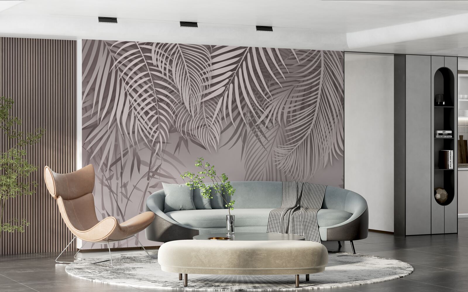 Papier peint feuilles de fougère claires et grises