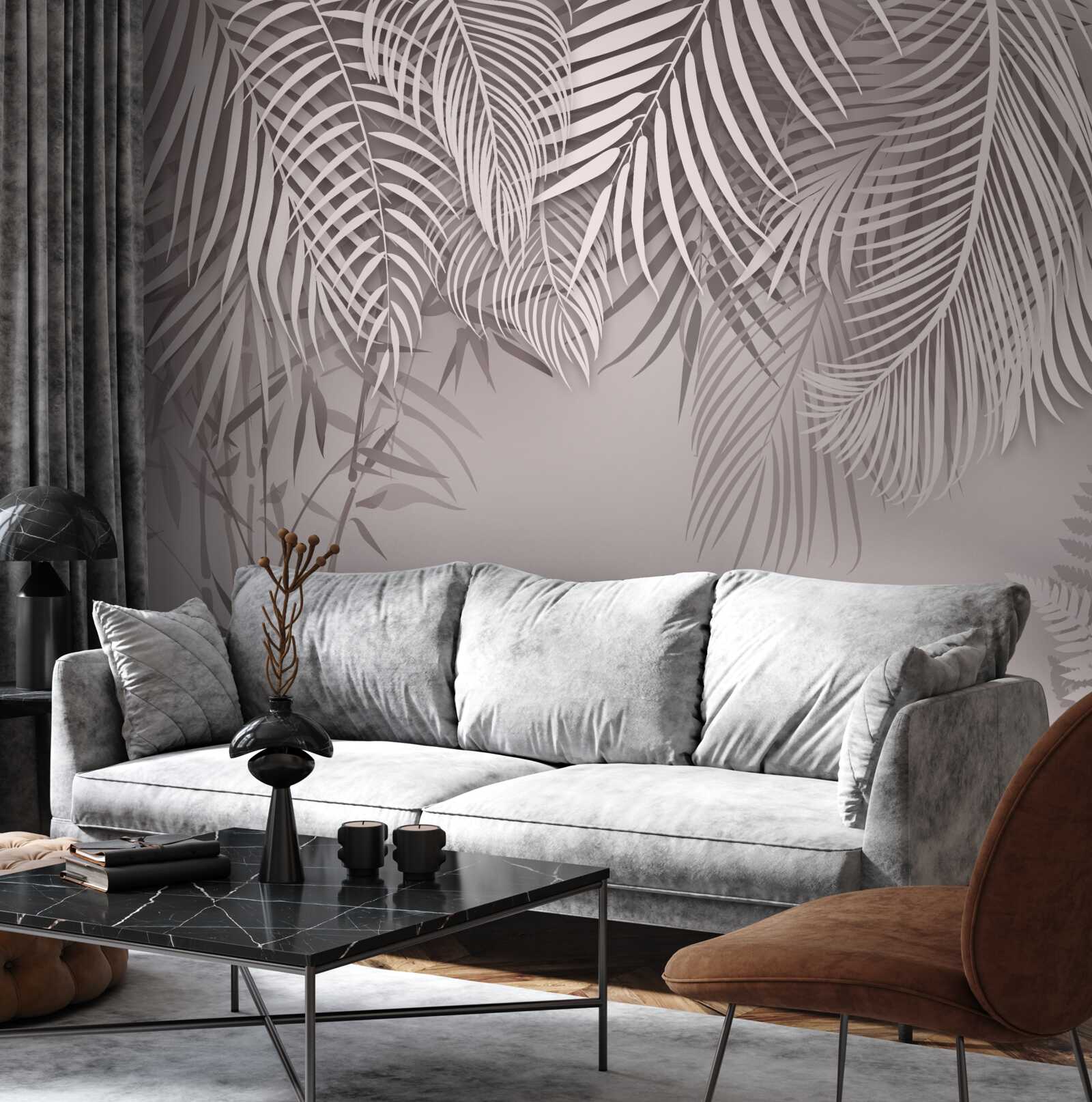 Papier peint feuilles de fougère claires et grises