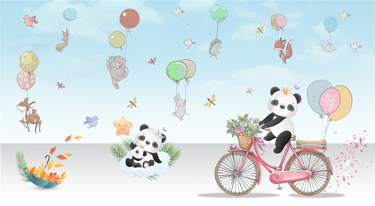 Papier peint ballons avec pandas et autres animaux