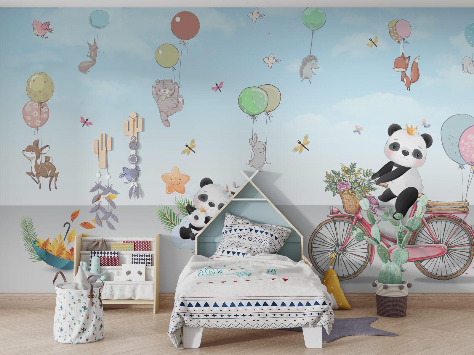 Papier peint ballons avec pandas et autres animaux