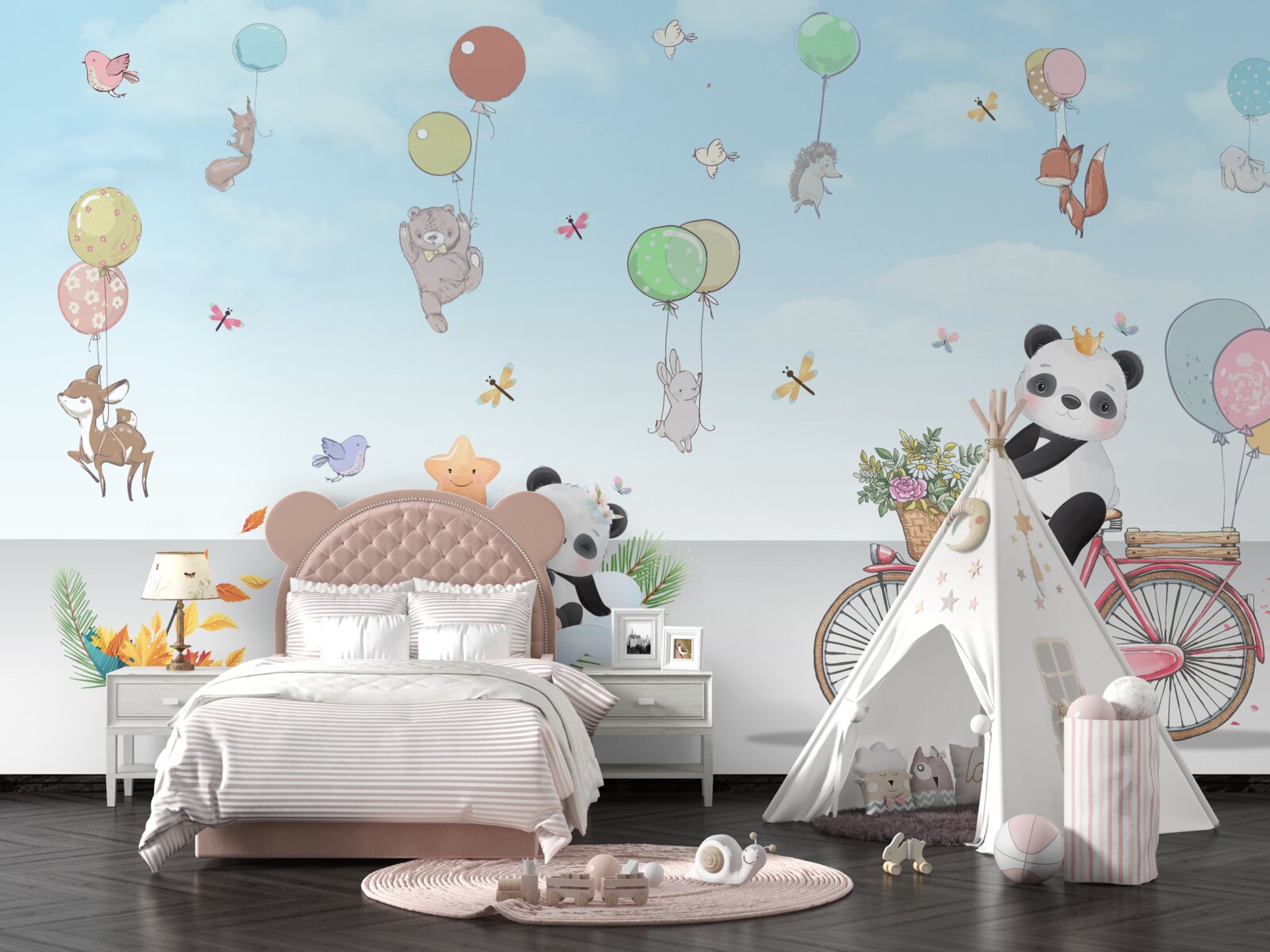 Papier peint ballons avec pandas et autres animaux