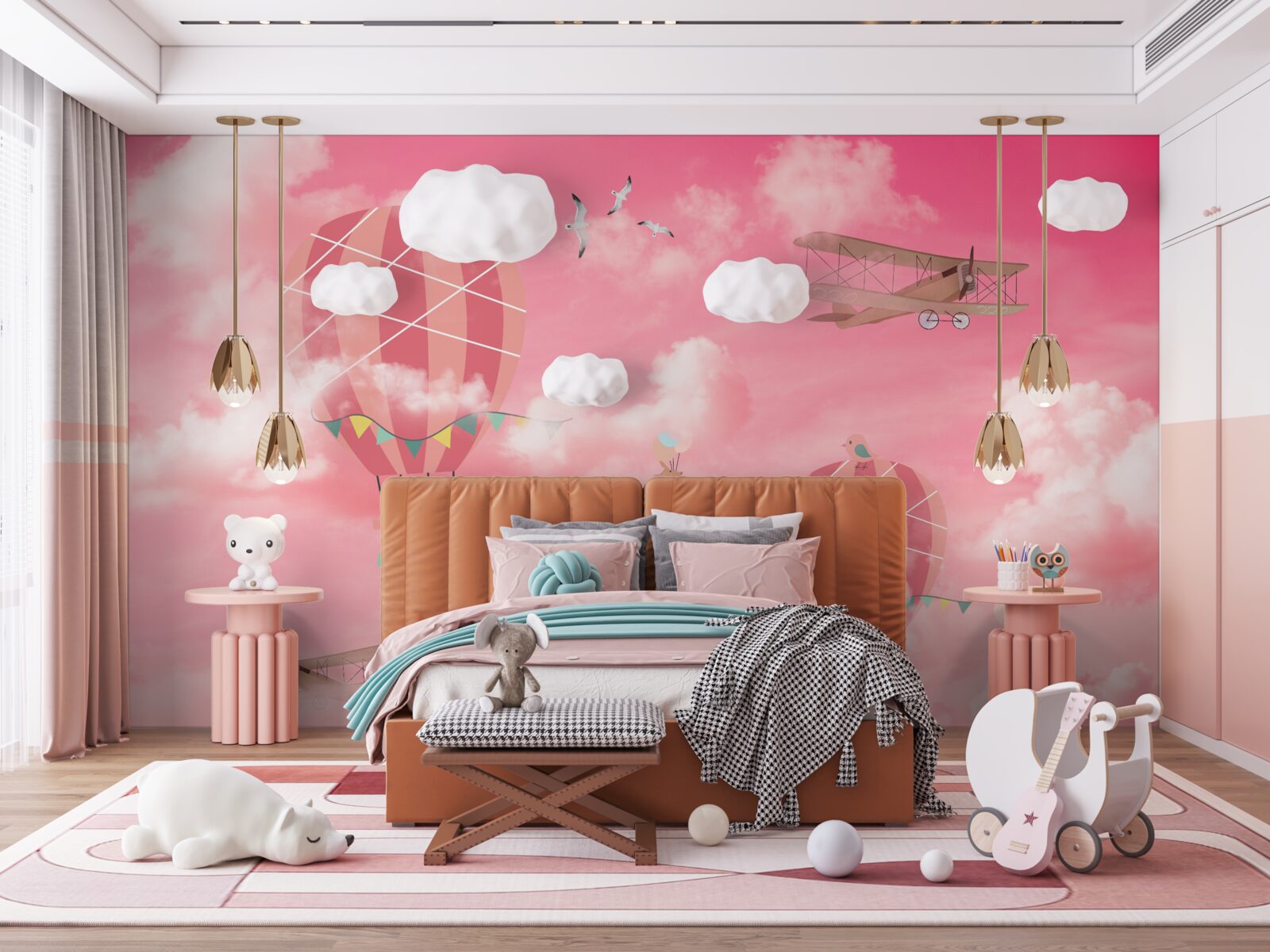 Papier peint sphères d'air sur un ciel rose au coucher du soleil