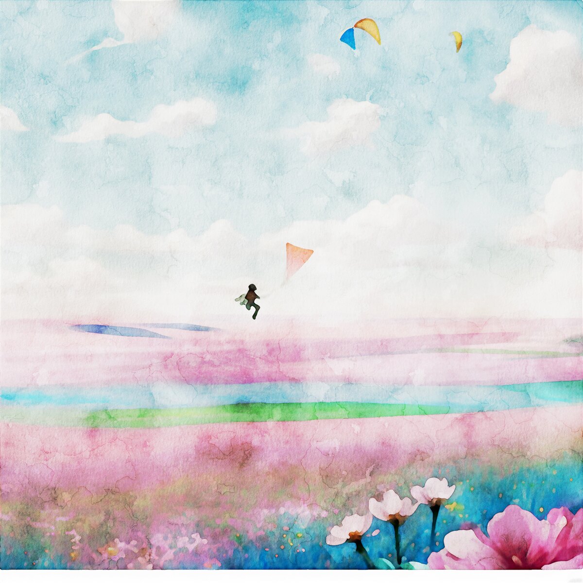 Papier peint parapente au-dessus d'une prairie