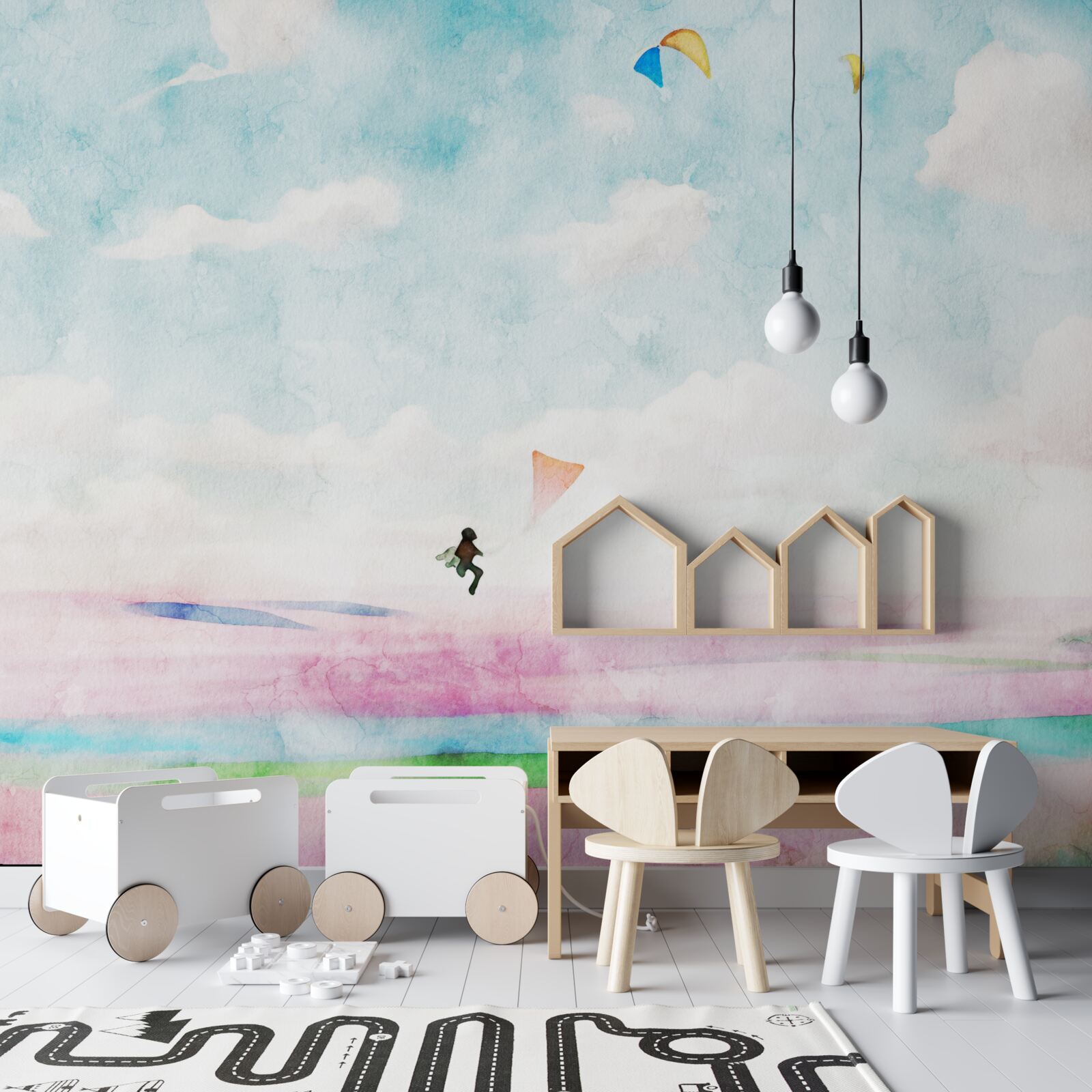 Papier peint parapente au-dessus d'une prairie