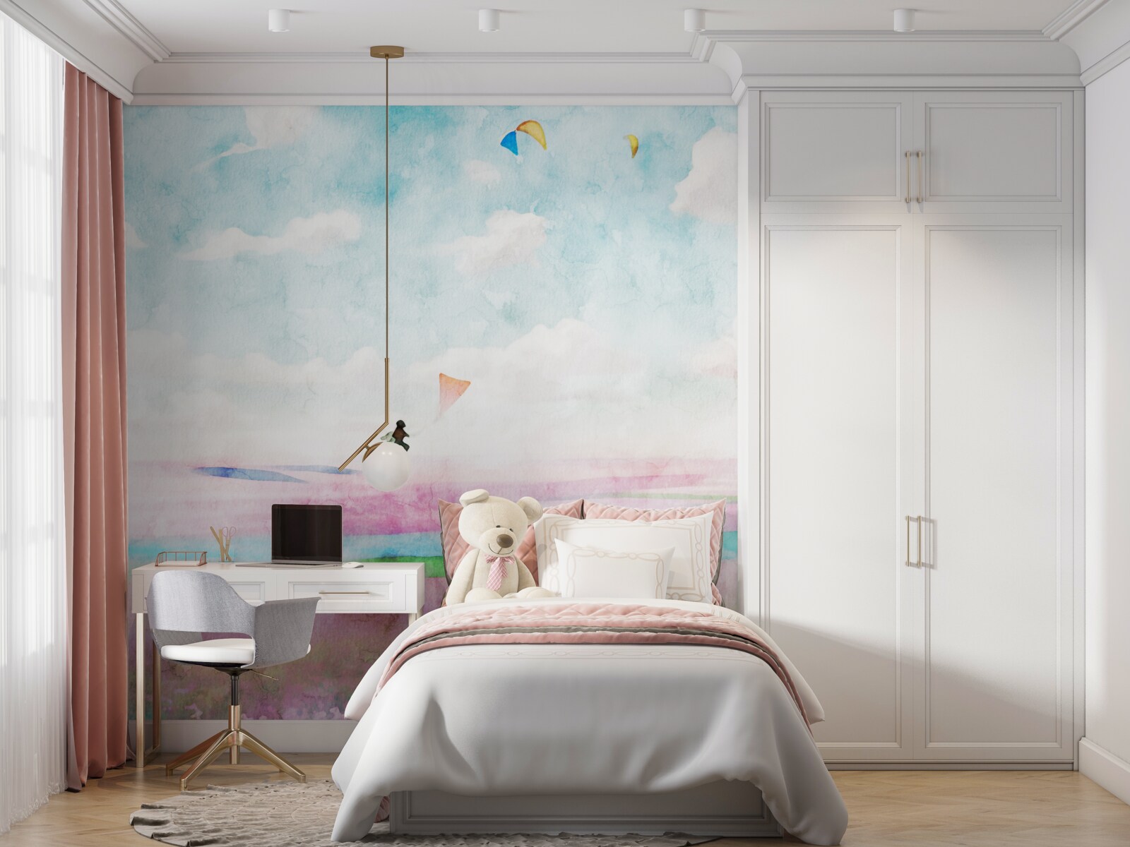 Papier peint parapente au-dessus d'une prairie