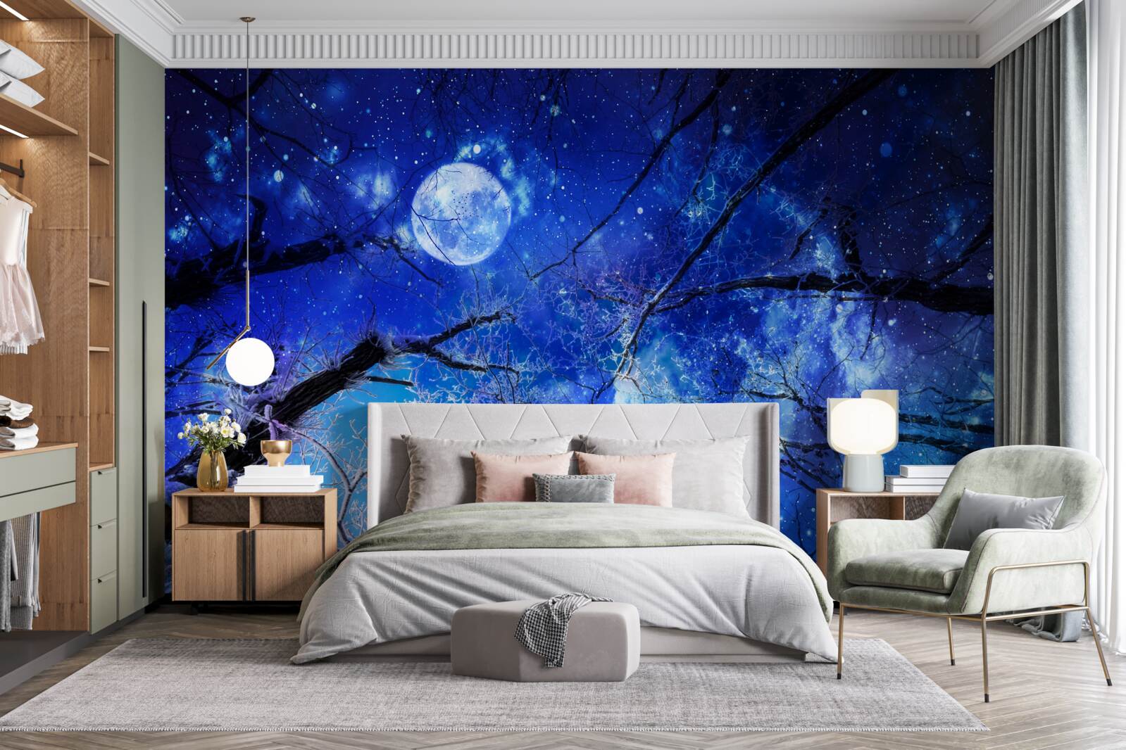 Papier peint ciel nocturne lumineux et lune