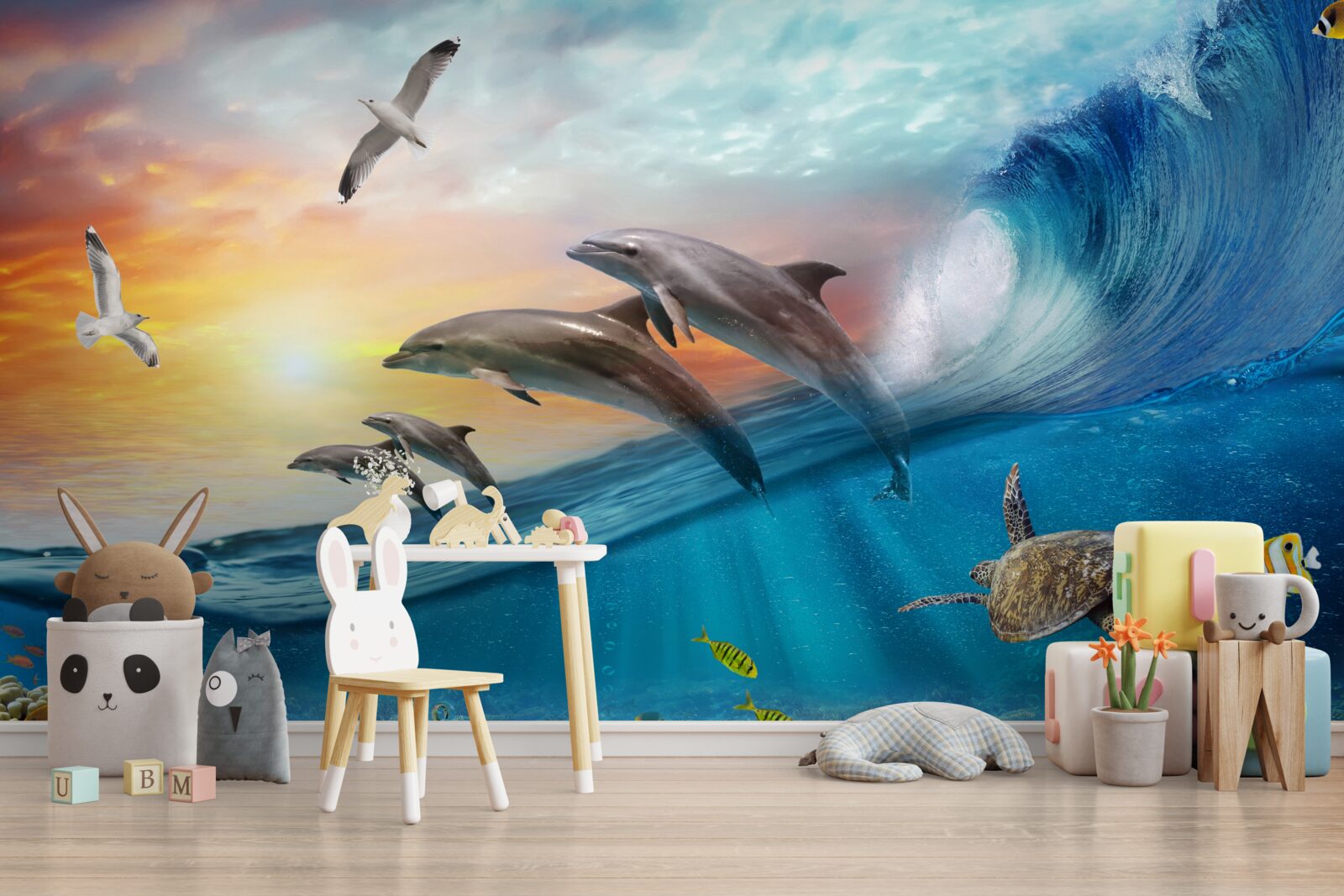 Papier peint les dauphins bondissent hors des vagues