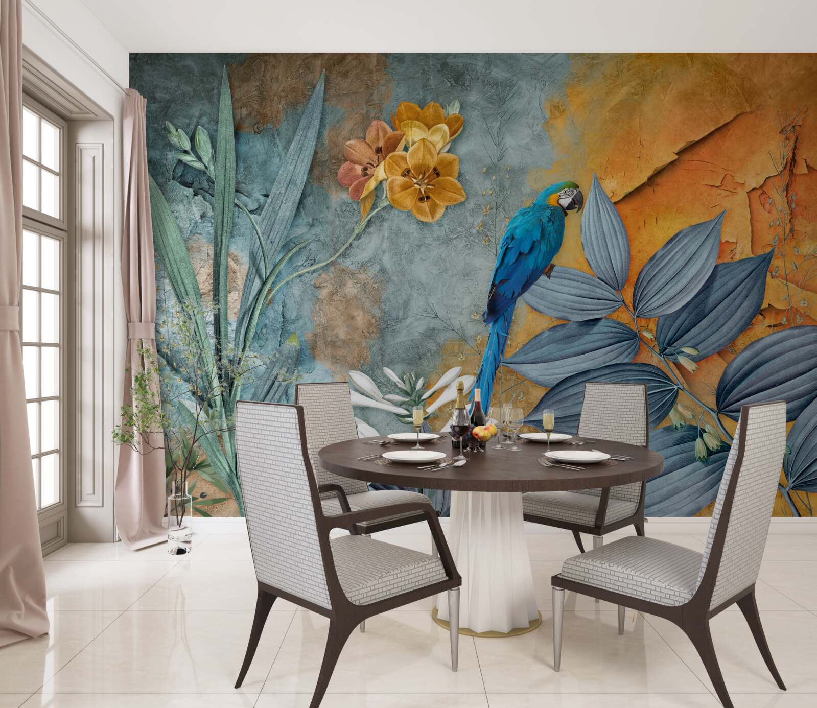 Papier peint peinture abstraite d'un perroquet parmi les feuilles