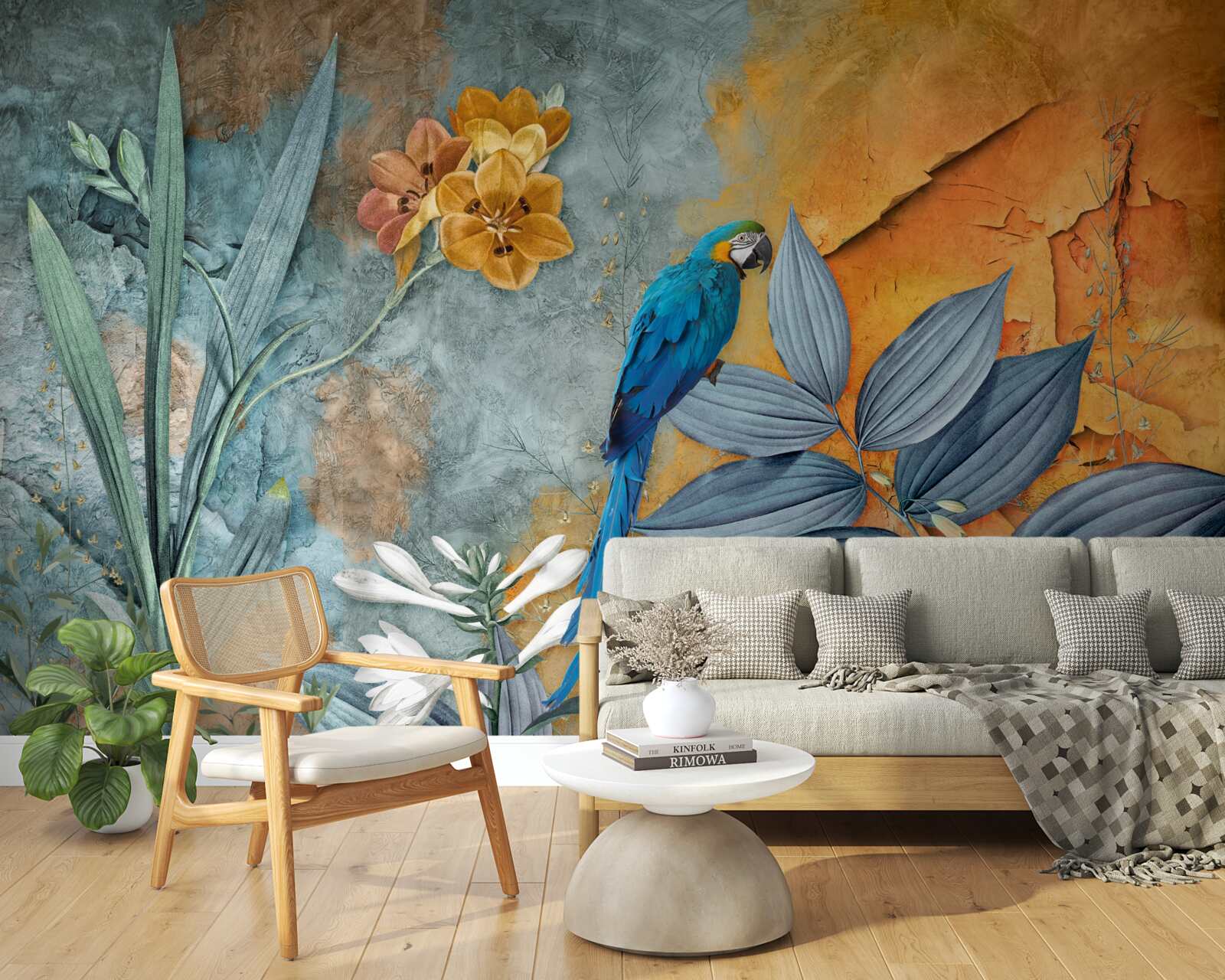 Papier peint peinture abstraite d'un perroquet parmi les feuilles