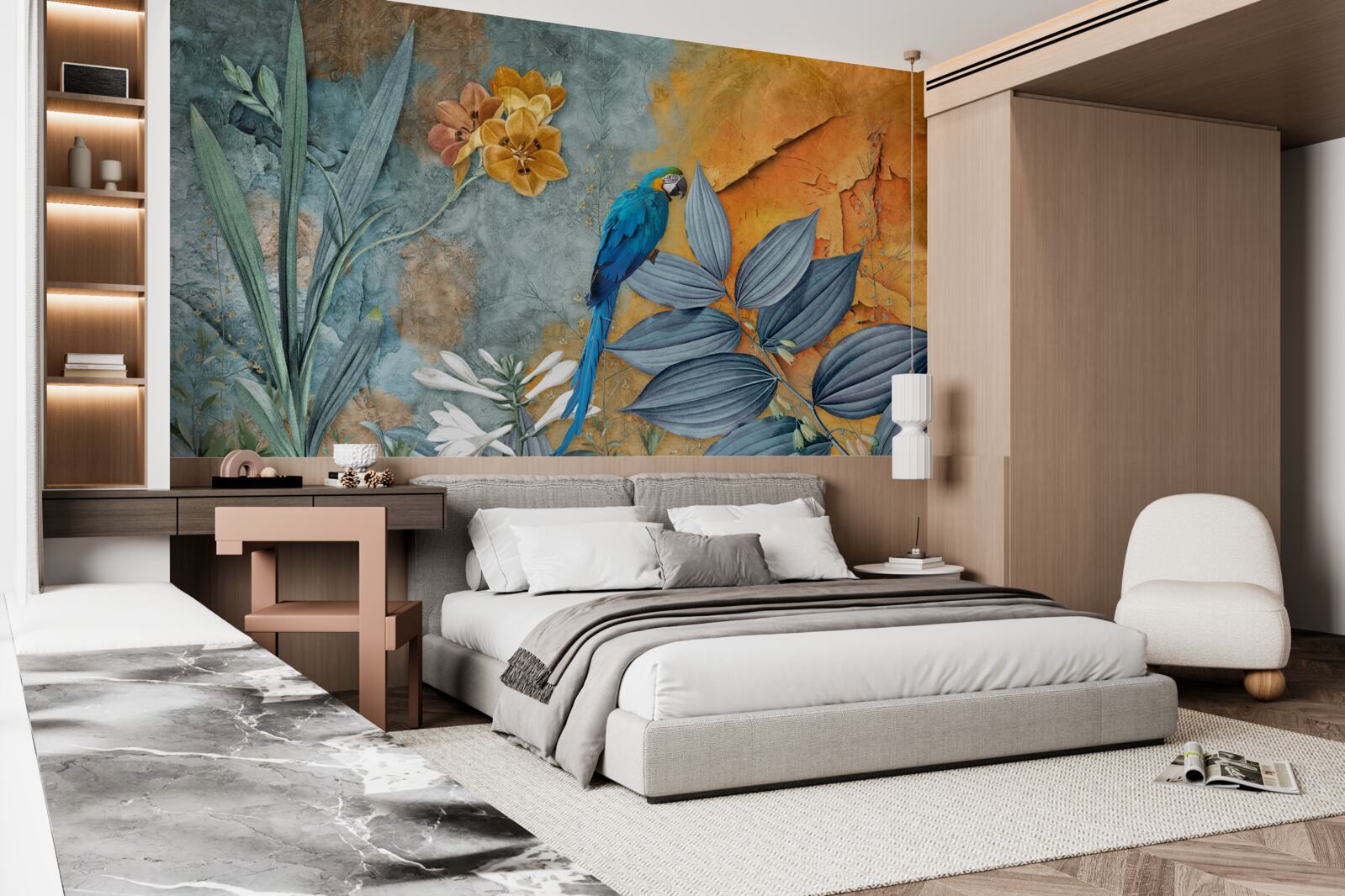 Papier peint peinture abstraite d'un perroquet parmi les feuilles