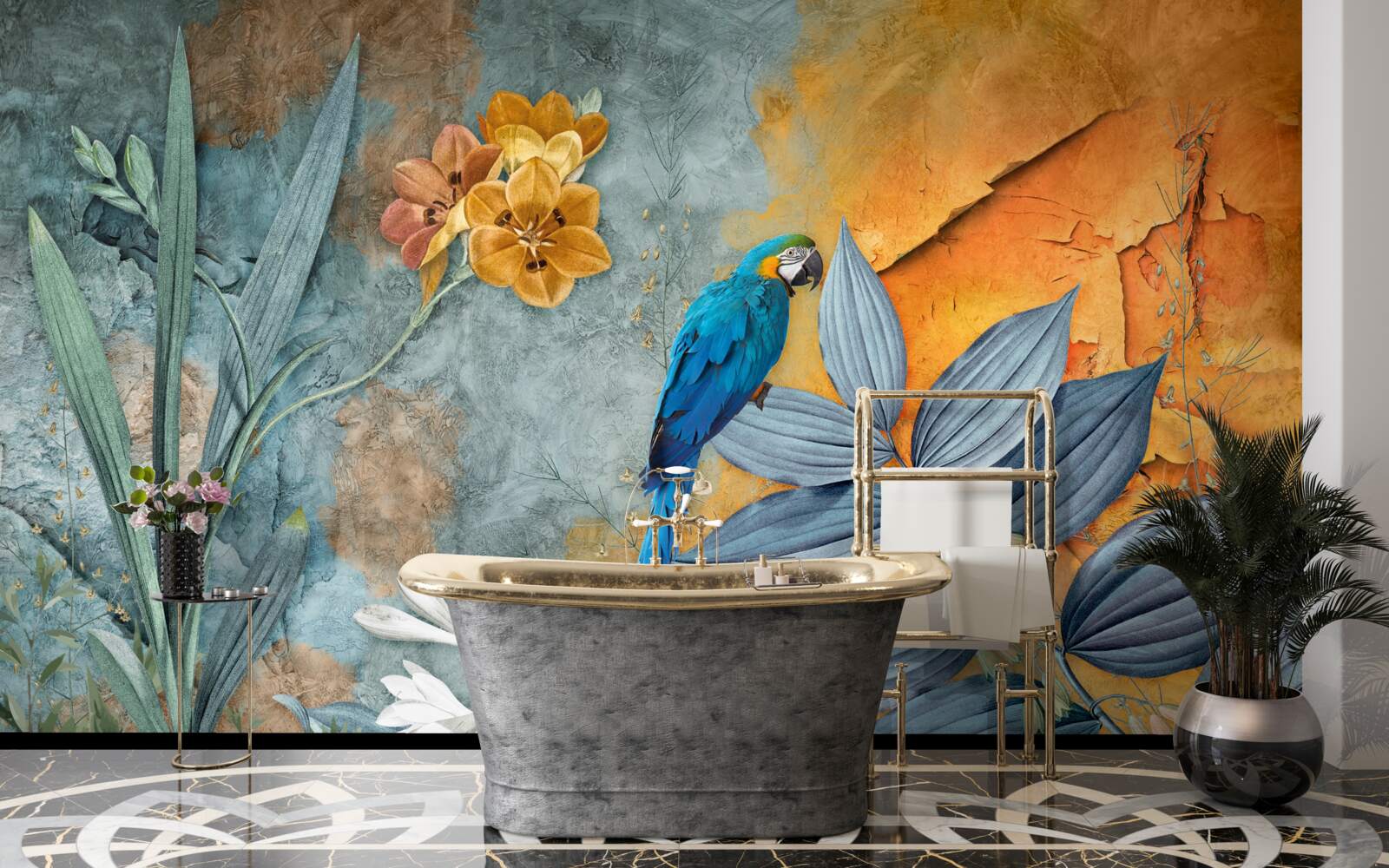 Papier peint peinture abstraite d'un perroquet parmi les feuilles