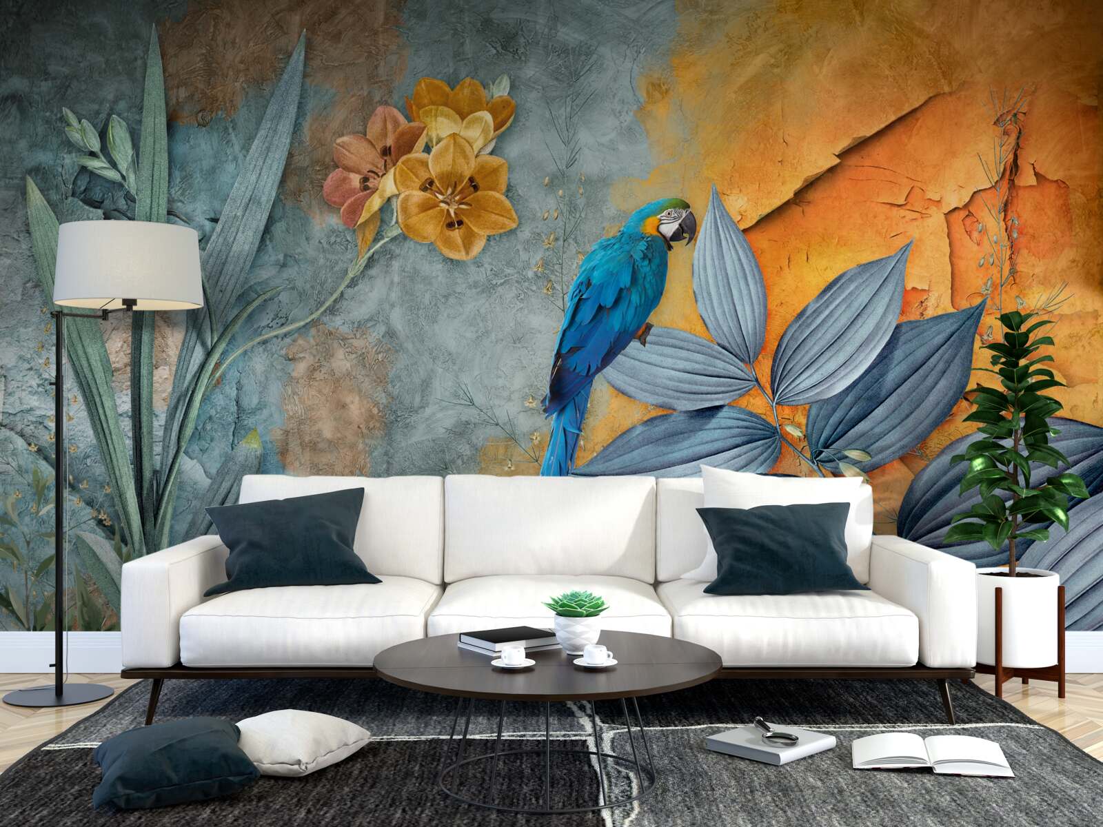 Papier peint peinture abstraite d'un perroquet parmi les feuilles