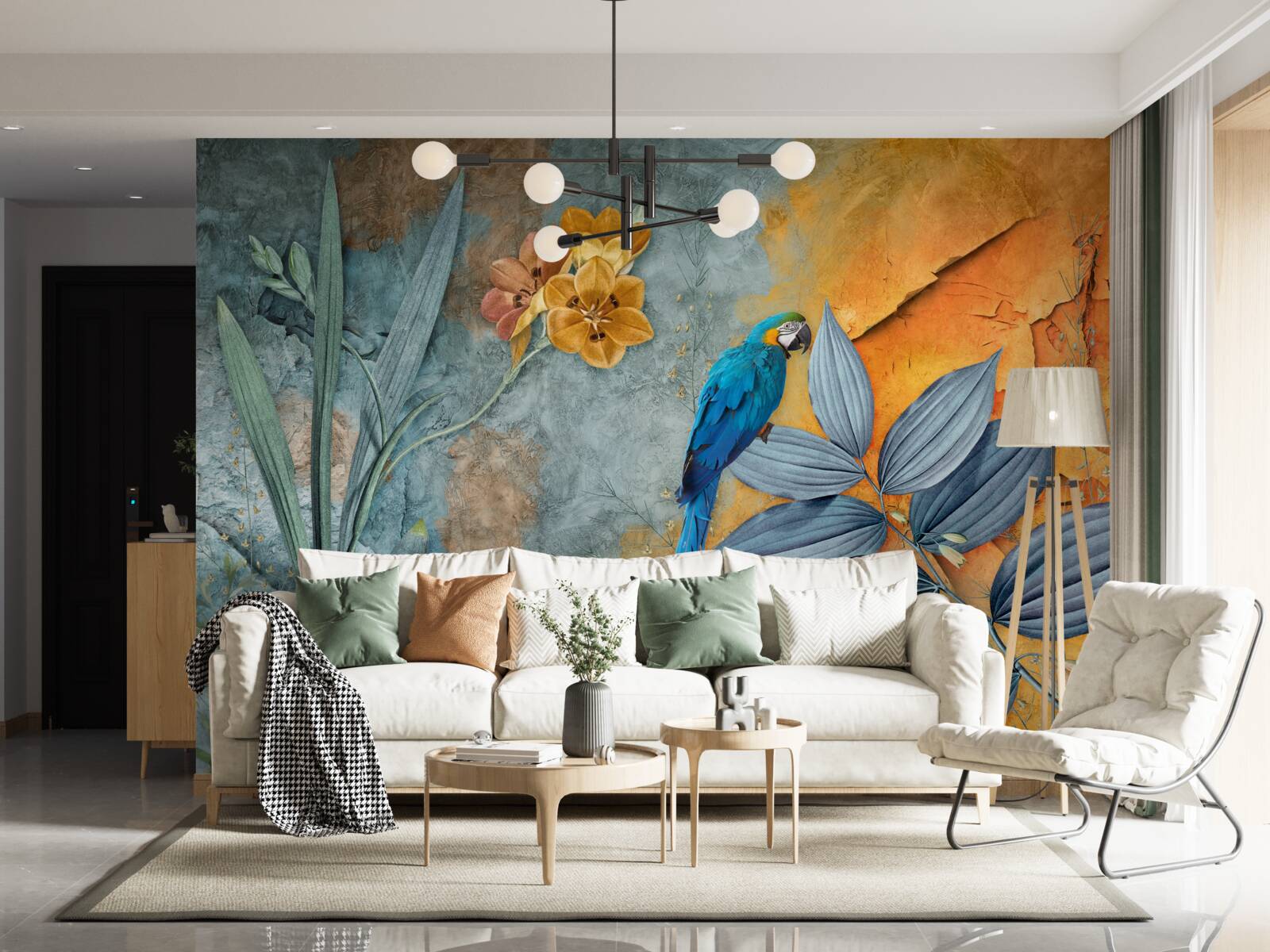 Papier peint peinture abstraite d'un perroquet parmi les feuilles