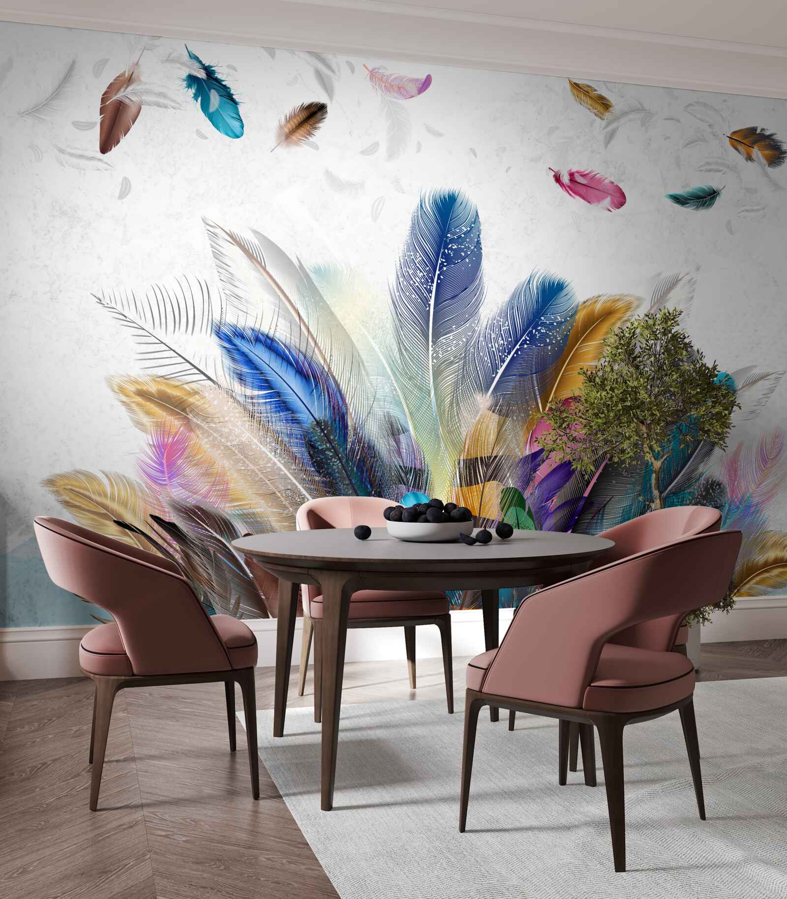 Papier peint plumes multicolores